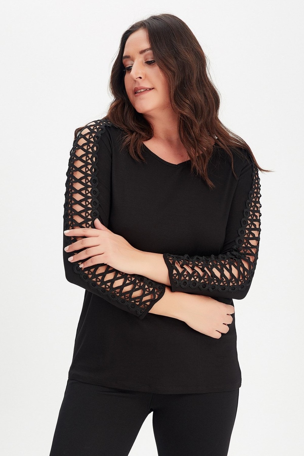 Curvy Trend Üstü Güpür Uzun Kol Bluz görsel 4