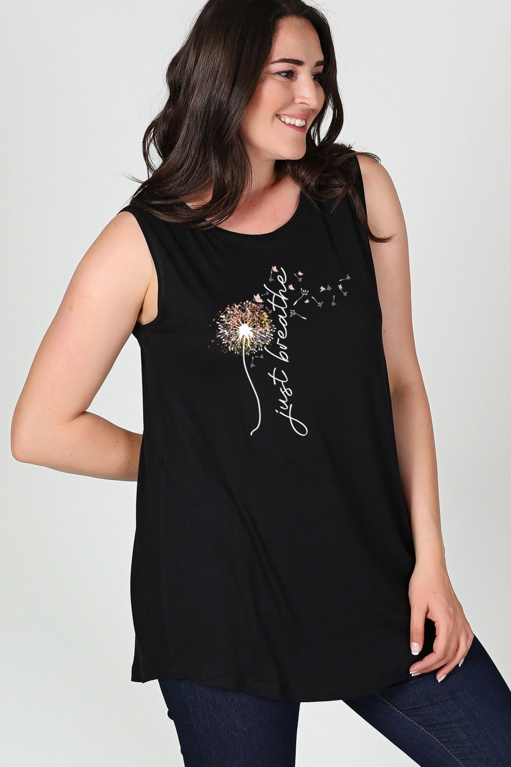Curvy Trend Büyük Beden Breathe Baskılı Kolsuz Viskon Basic Bluz