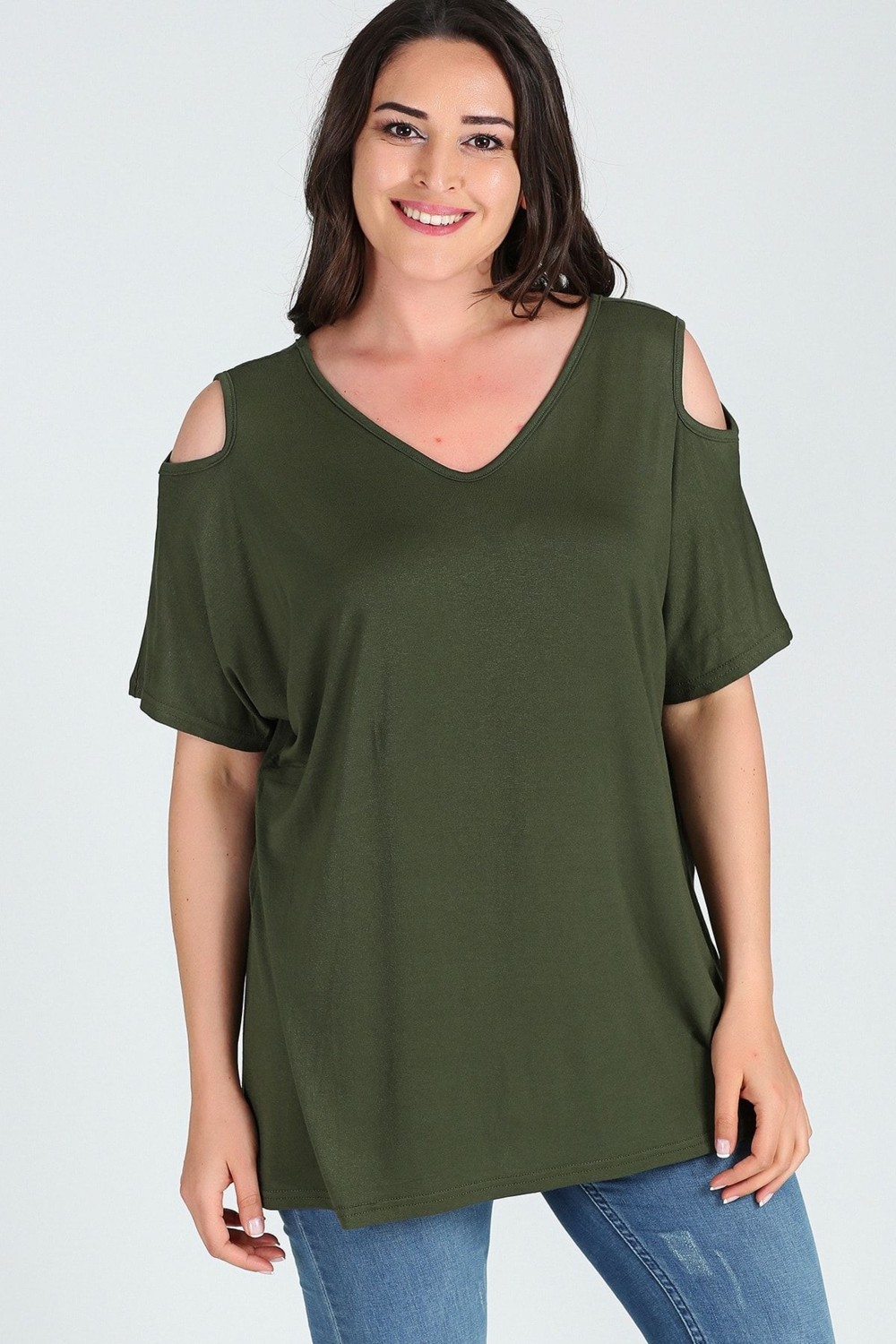 Curvy Trend Büyük Beden Omuzu V Pencere Kısa Kol Bluz görsel 6