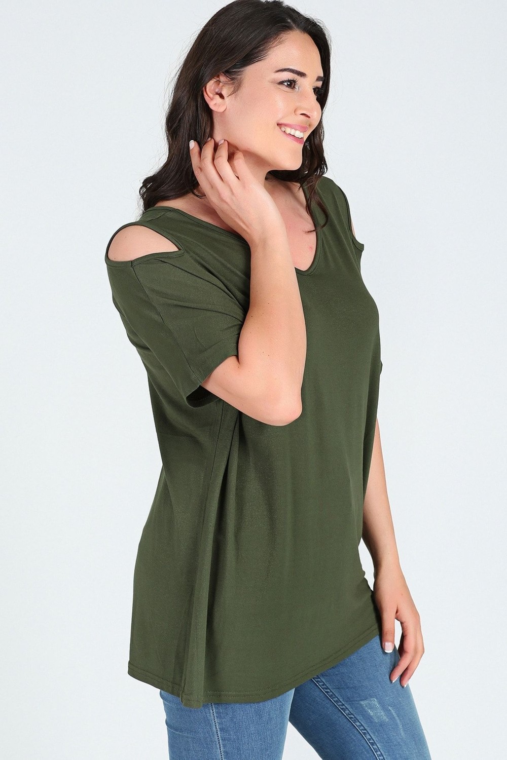 Curvy Trend Büyük Beden Omuzu V Pencere Kısa Kol Bluz görsel 7