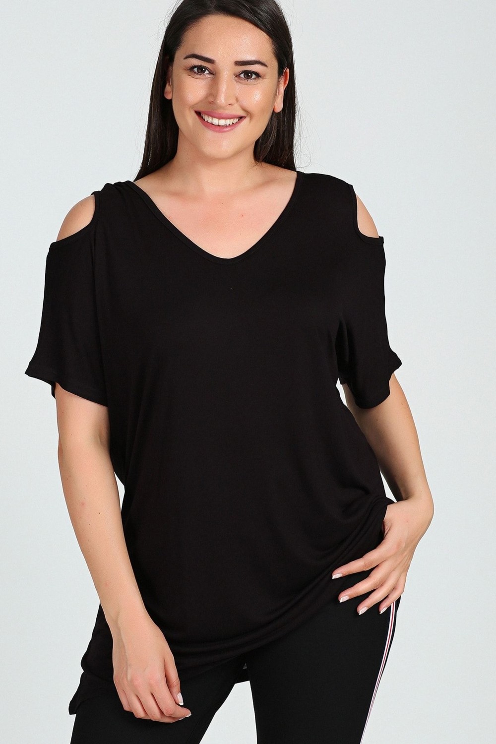 Curvy Trend Büyük Beden Omuzu V Pencere Kısa Kol Bluz