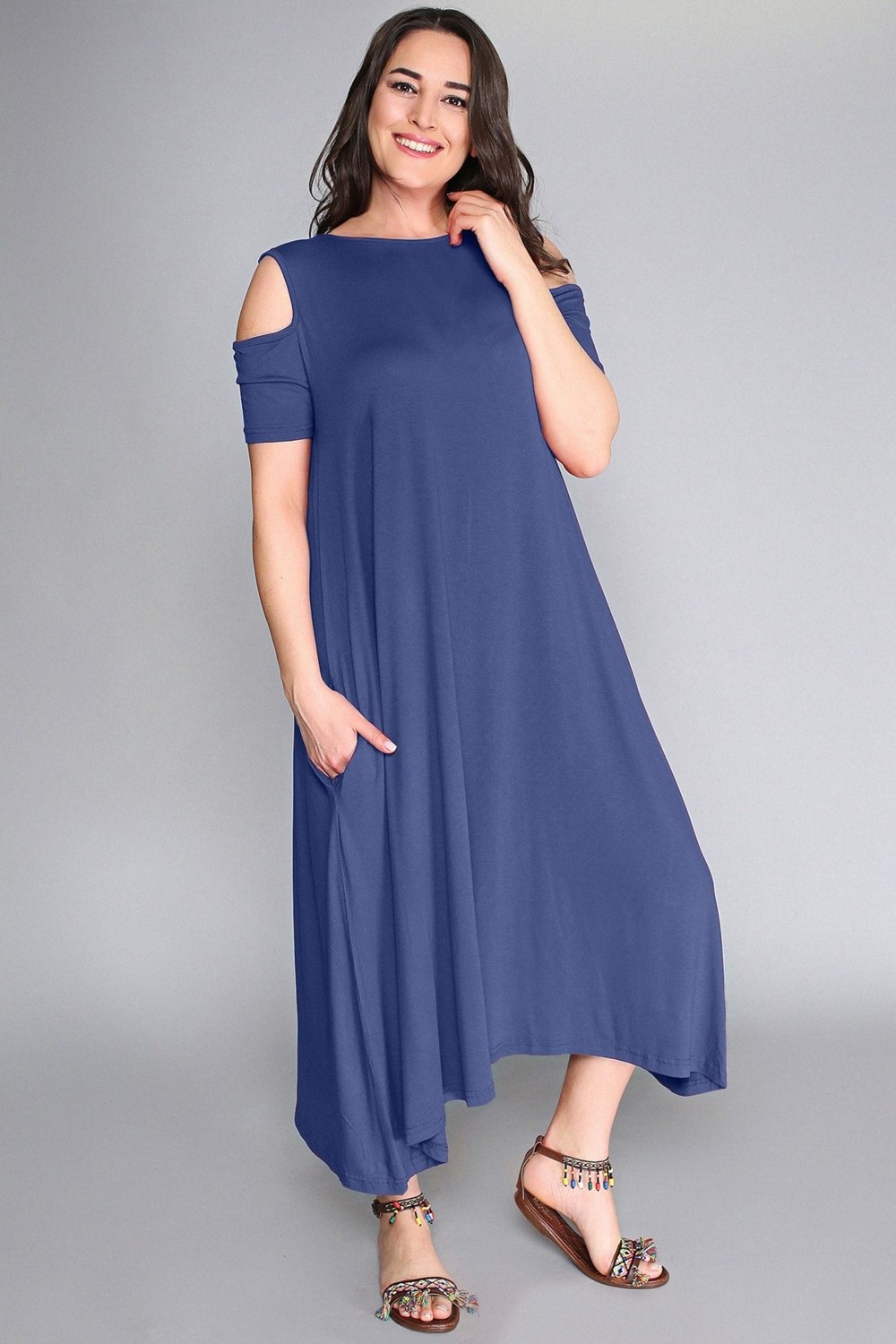 Curvy Trend Büyük Beden Omuz Dekolte Viskon Elbise