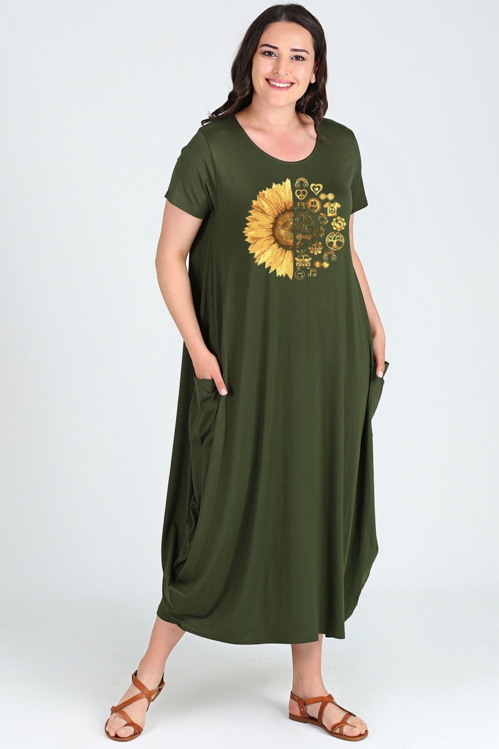 Curvy Trend Büyük Beden Sun Flower Baskılı Jumbo Kısa Kol Elbise
