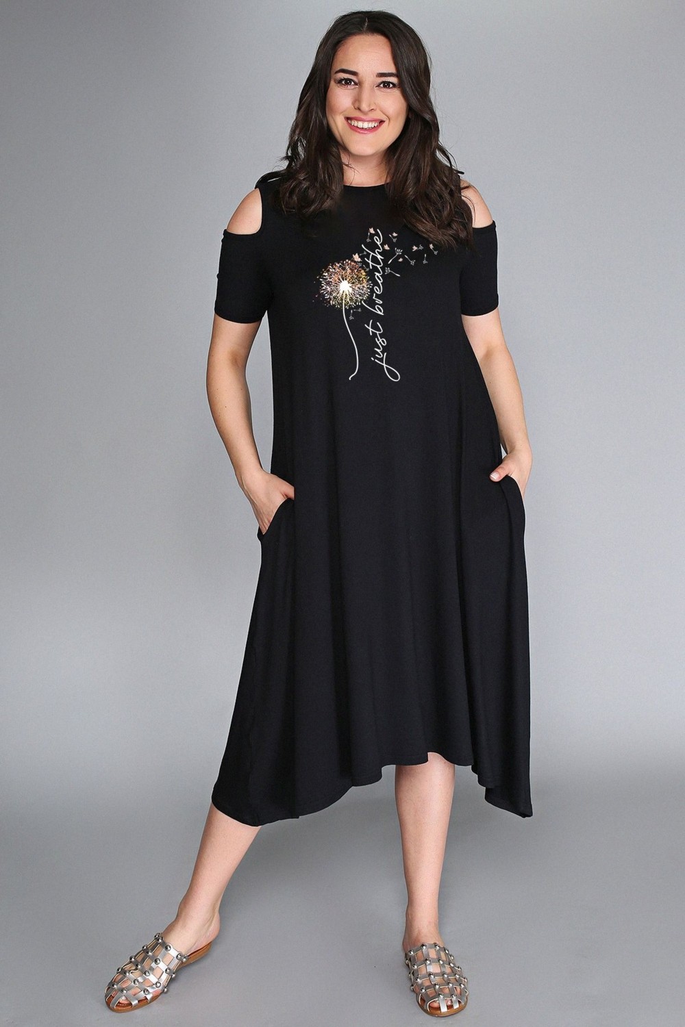 Curvy Trend Büyük Beden Breathe Baskılı Omuz Açık Elbise