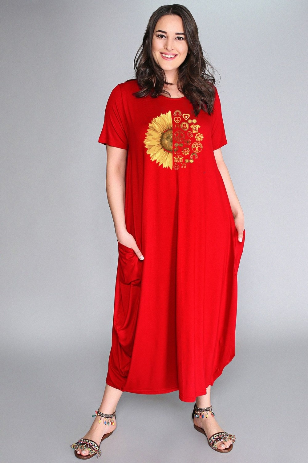 Curvy Trend Büyük Beden Sun Flower Baskılı Jumbo Kısa Kol Elbise görsel 7
