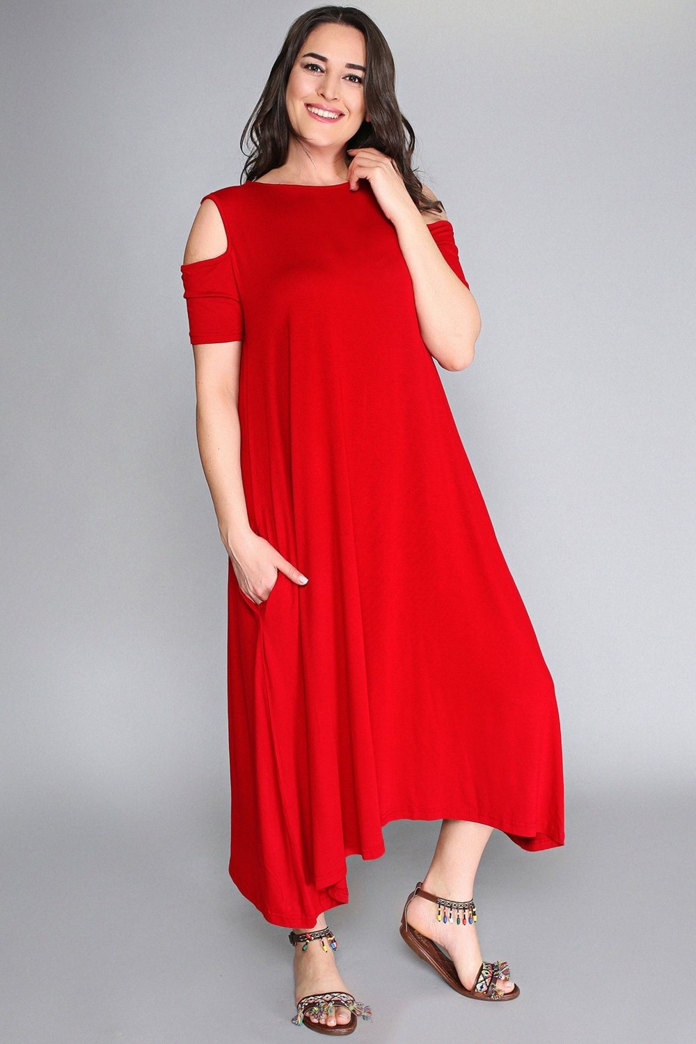 Curvy Trend Büyük Beden Omuz Dekolte Viskon Elbise