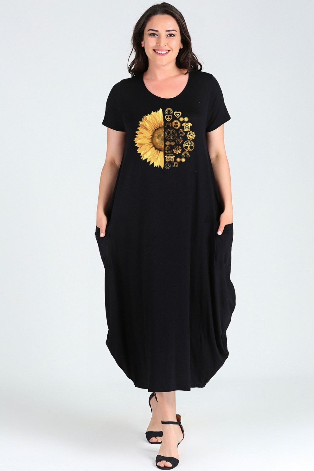 Curvy Trend Büyük Beden Sun Flower Baskılı Jumbo Kısa Kol Elbise görsel 4