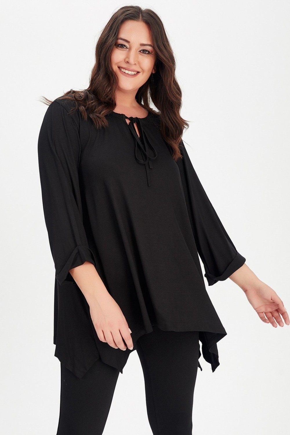 Curvy Trend Yaka Bağcıklı Kol Katlamalı Yan Yırtmaçlı Tunik