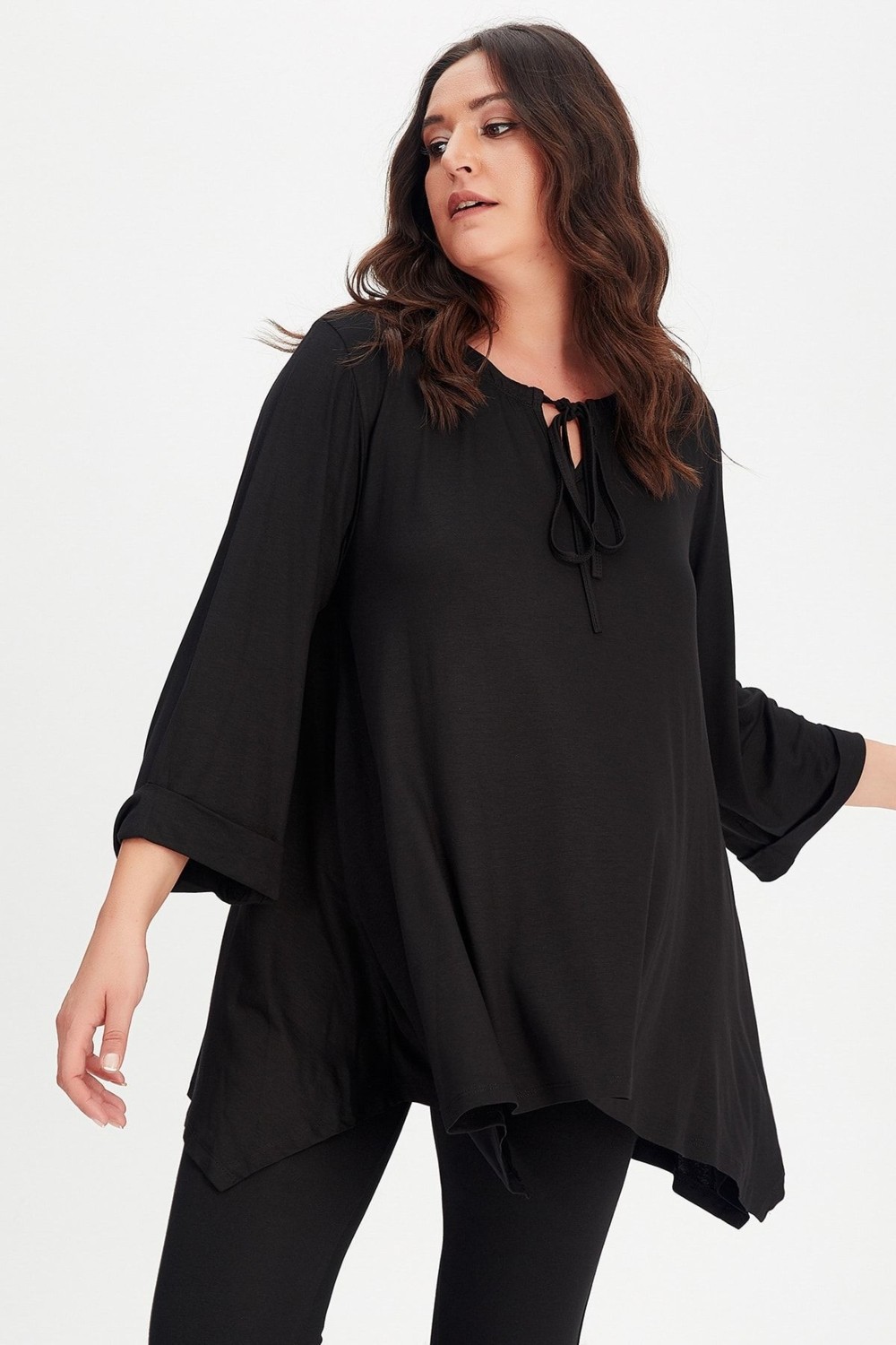 Curvy Trend Yaka Bağcıklı Kol Katlamalı Yan Yırtmaçlı Tunik görsel 2