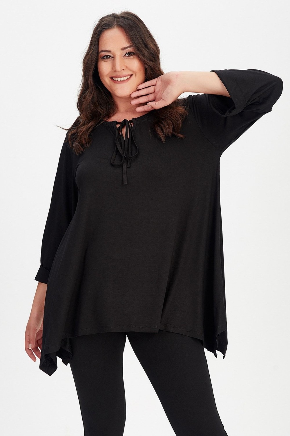 Curvy Trend Yaka Bağcıklı Kol Katlamalı Yan Yırtmaçlı Tunik görsel 3
