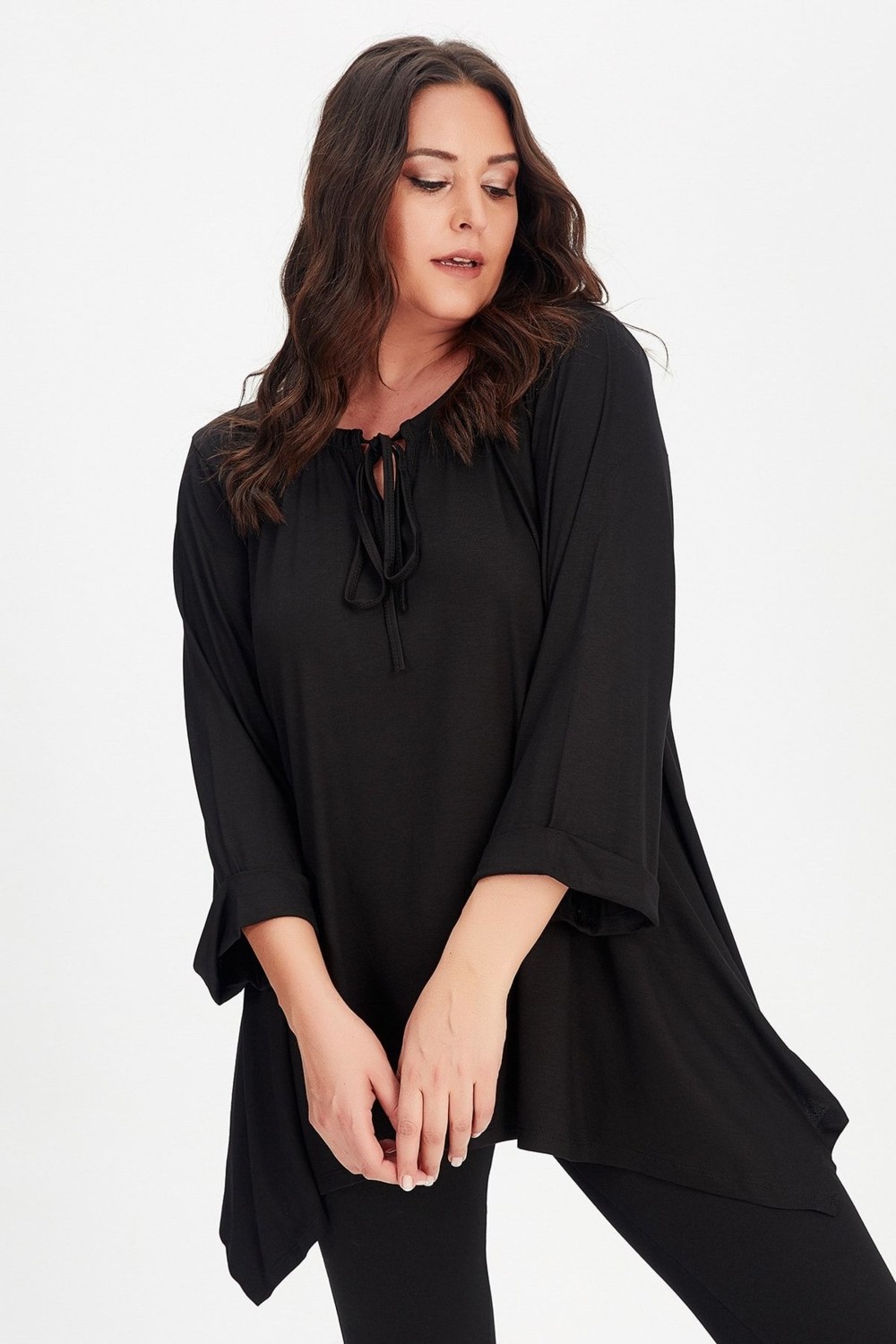 Curvy Trend Yaka Bağcıklı Kol Katlamalı Yan Yırtmaçlı Tunik görsel 4