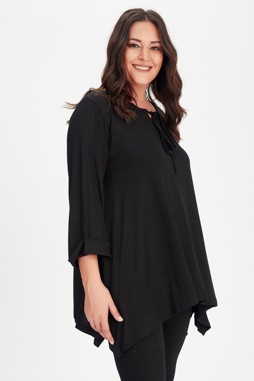 Curvy Trend Yaka Bağcıklı Kol Katlamalı Yan Yırtmaçlı Tunik görsel 5