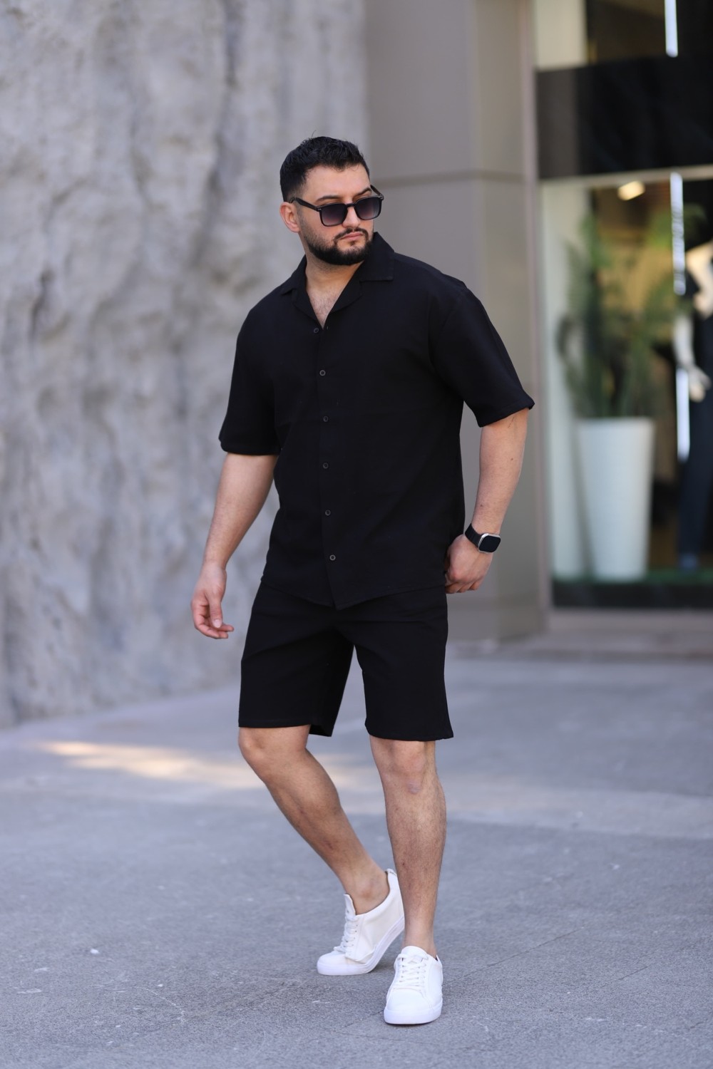 Myrab Denim Siyah Renk Gömlek Şort Erkek Keten Takım Oversize Kalıp
