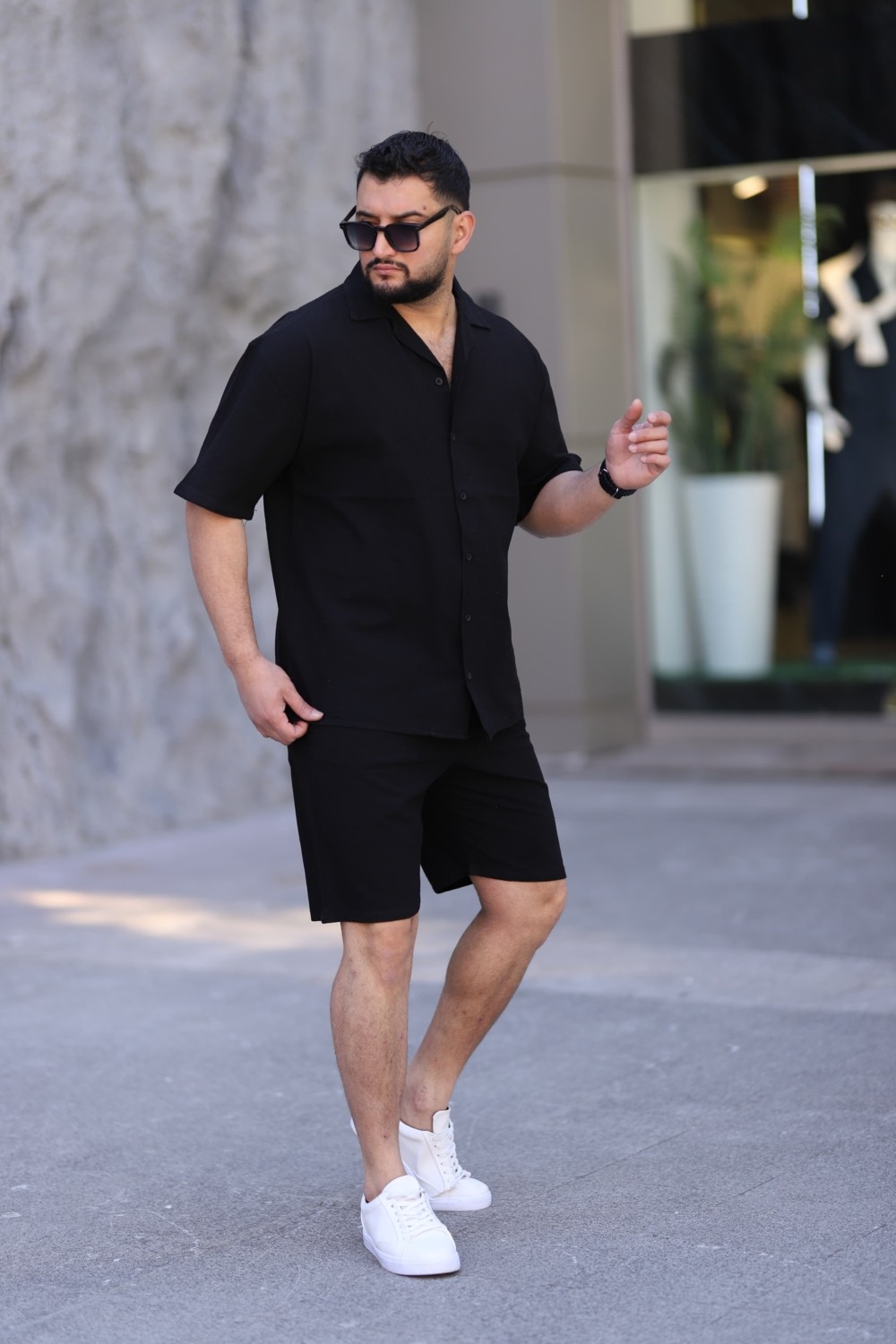 Myrab Denim Siyah Renk Gömlek Şort Erkek Keten Takım Oversize Kalıp görsel 2