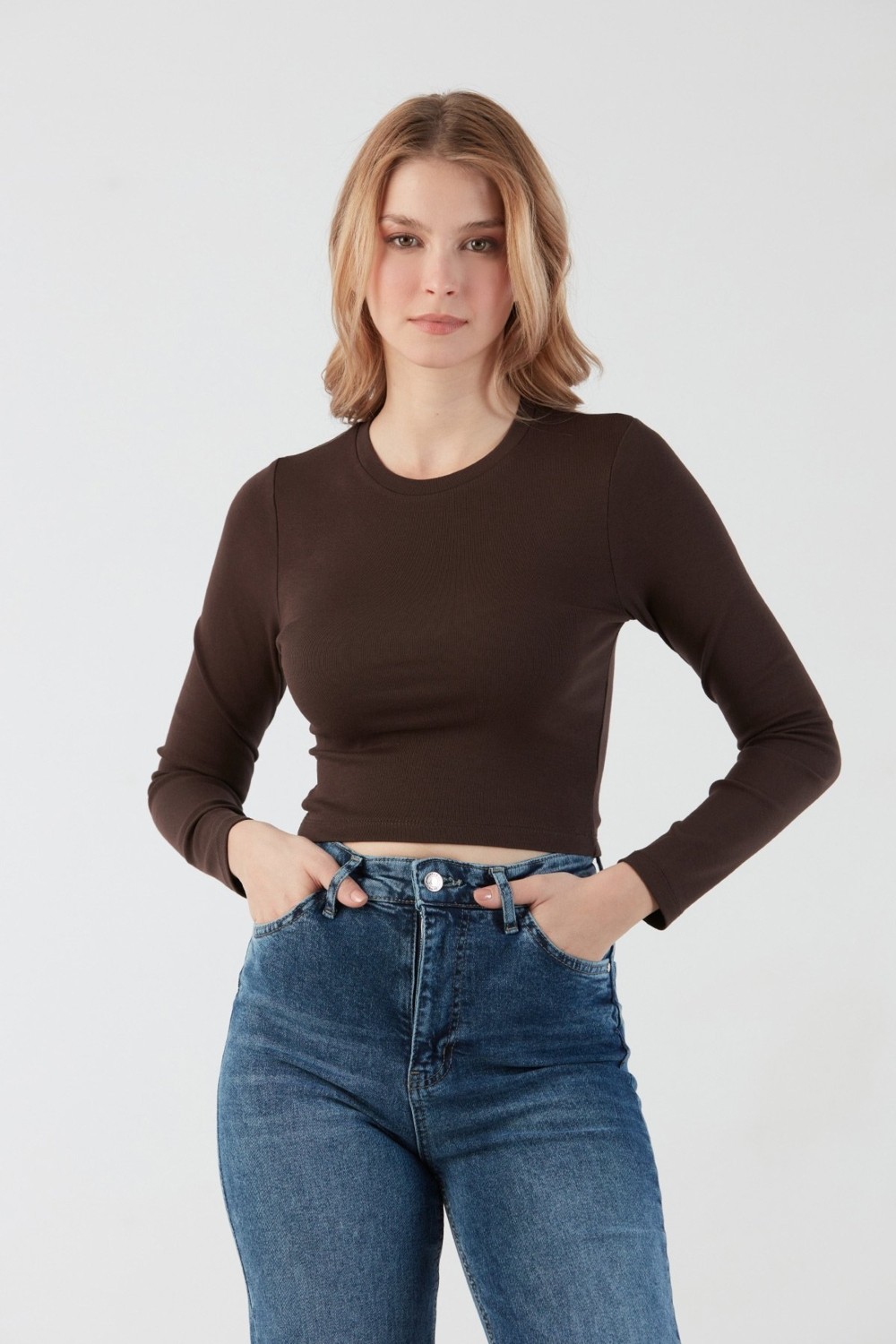 FullaModa Basic Bisiklet Yaka Uzun Kollu Crop Body