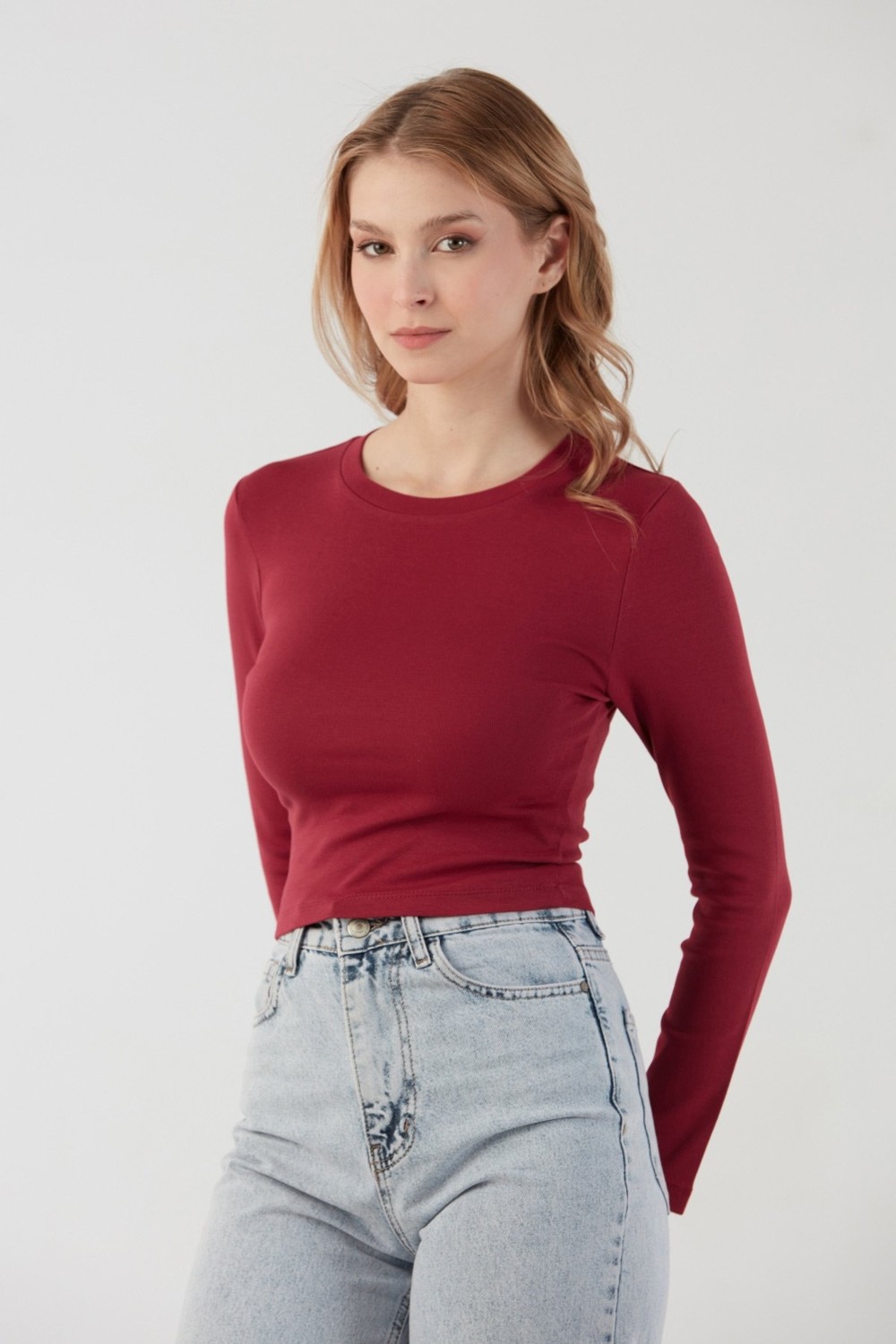 FullaModa Basic Bisiklet Yaka Uzun Kollu Crop Body