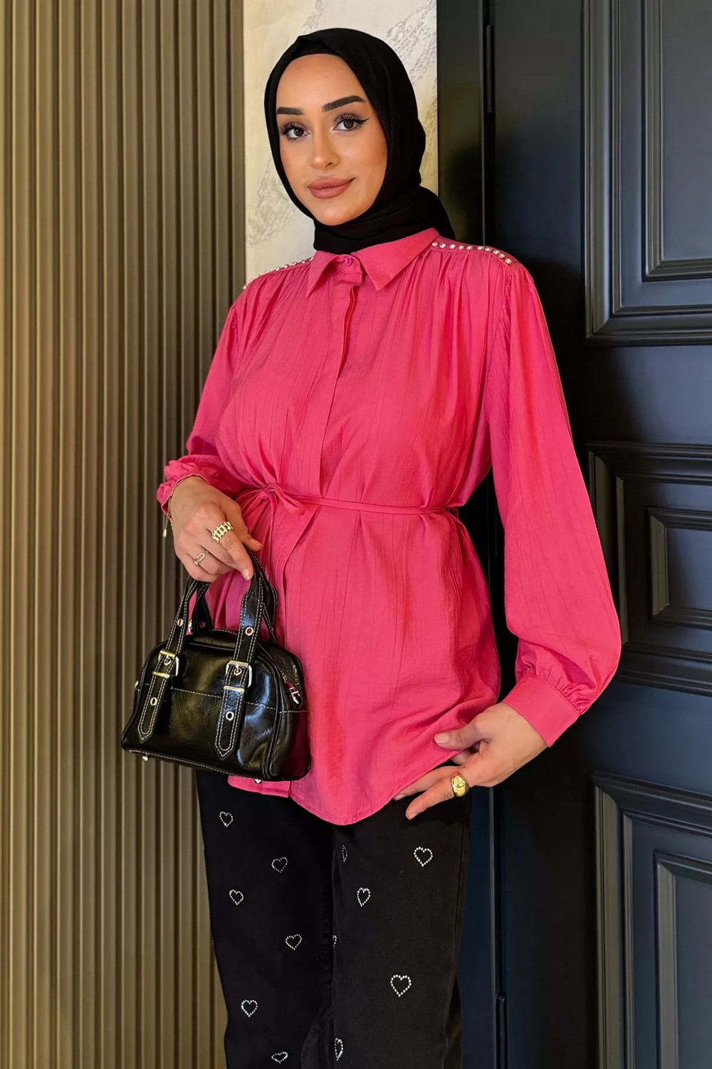 Julude Omuz Büzgülü ve Taşlı Tesettür Gömlek P-00017234 görsel 2