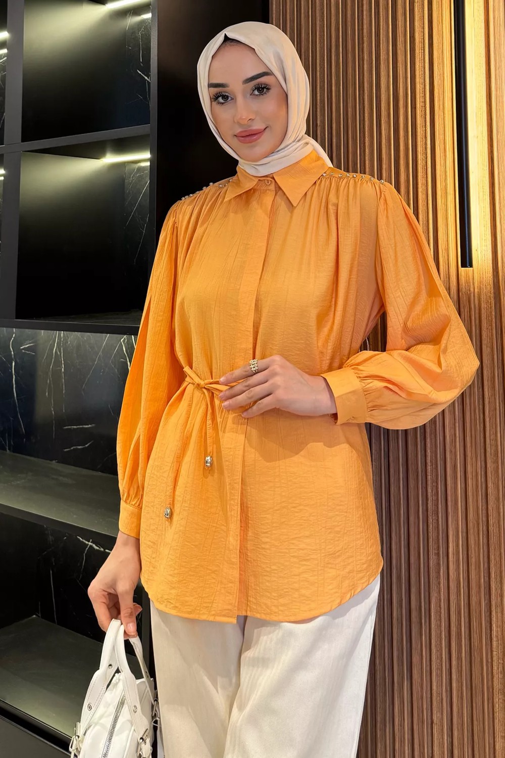 Julude Omuz Büzgülü ve Taşlı Tesettür Gömlek P-00017234 görsel 6