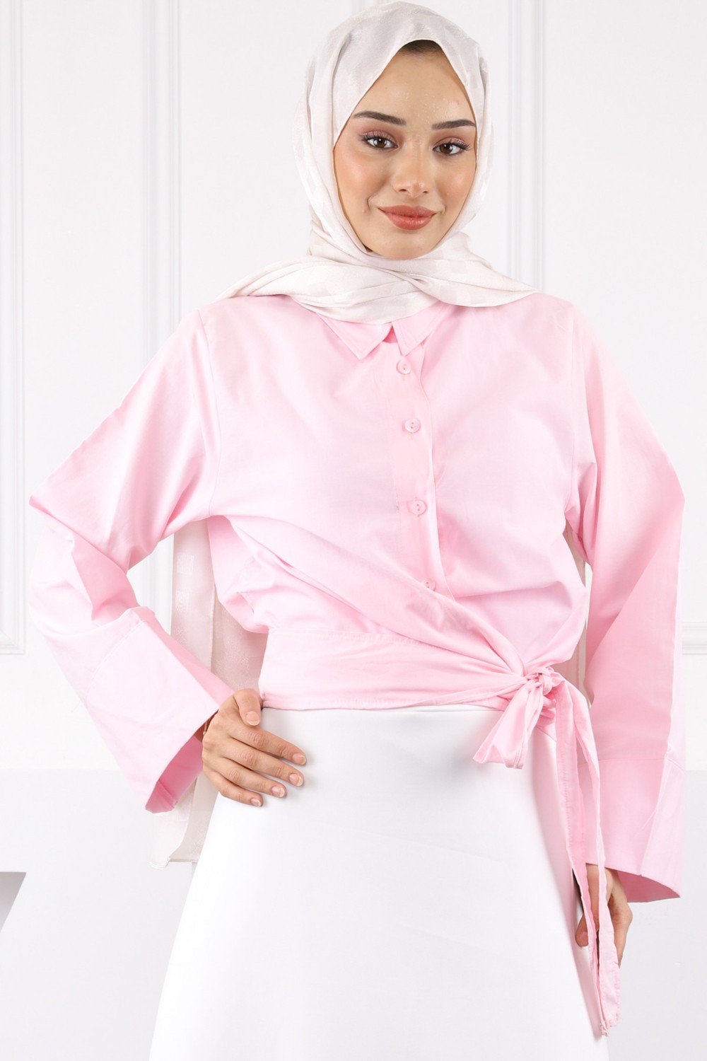 İmaj Butik Pembe Bel Bağlamalı Gömlek görsel 6