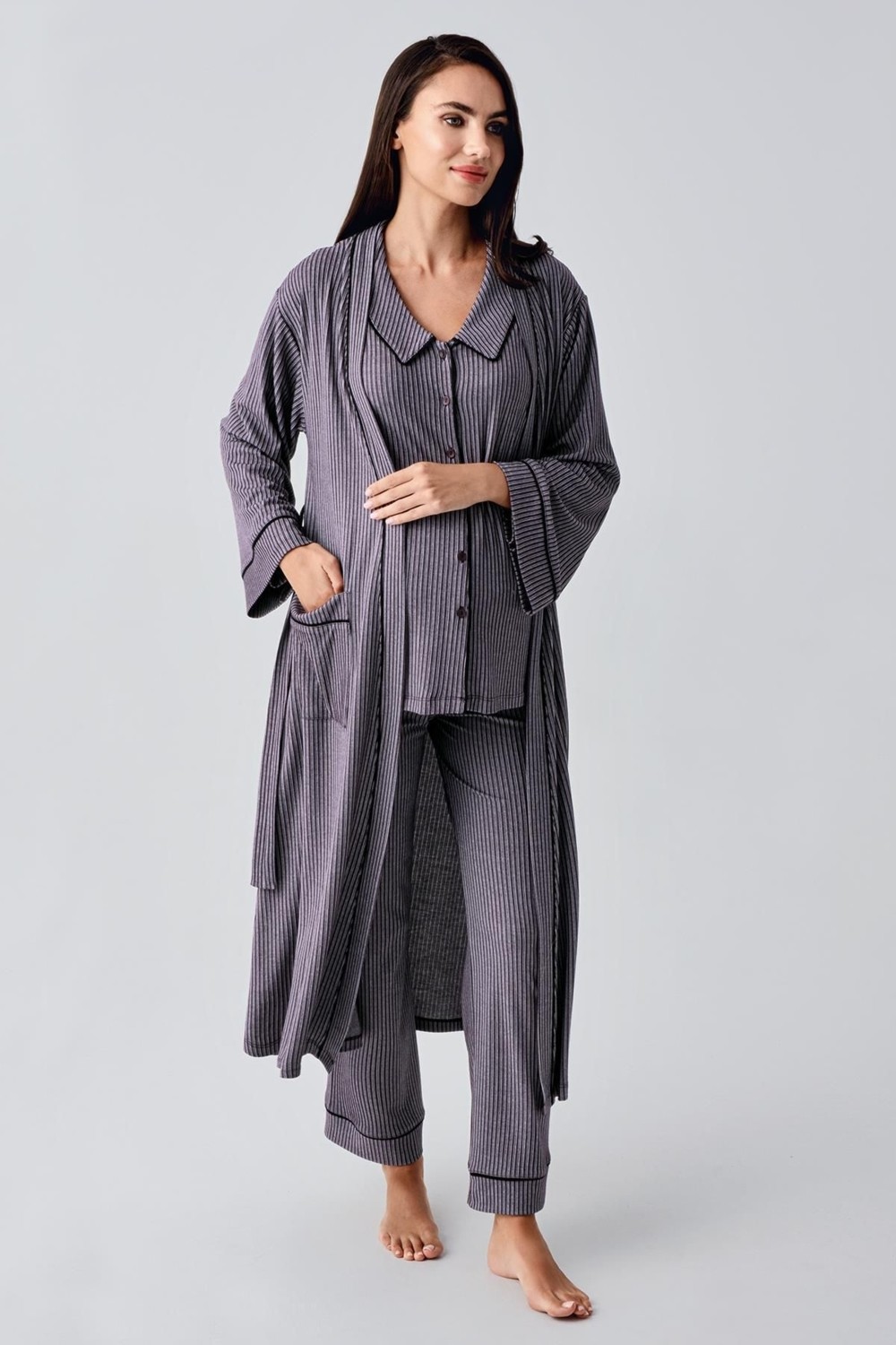 Artış Collection Bebe Yaka Düğmeli Uzun Kollu Hamile Sabahlık Pijama Takım 23111