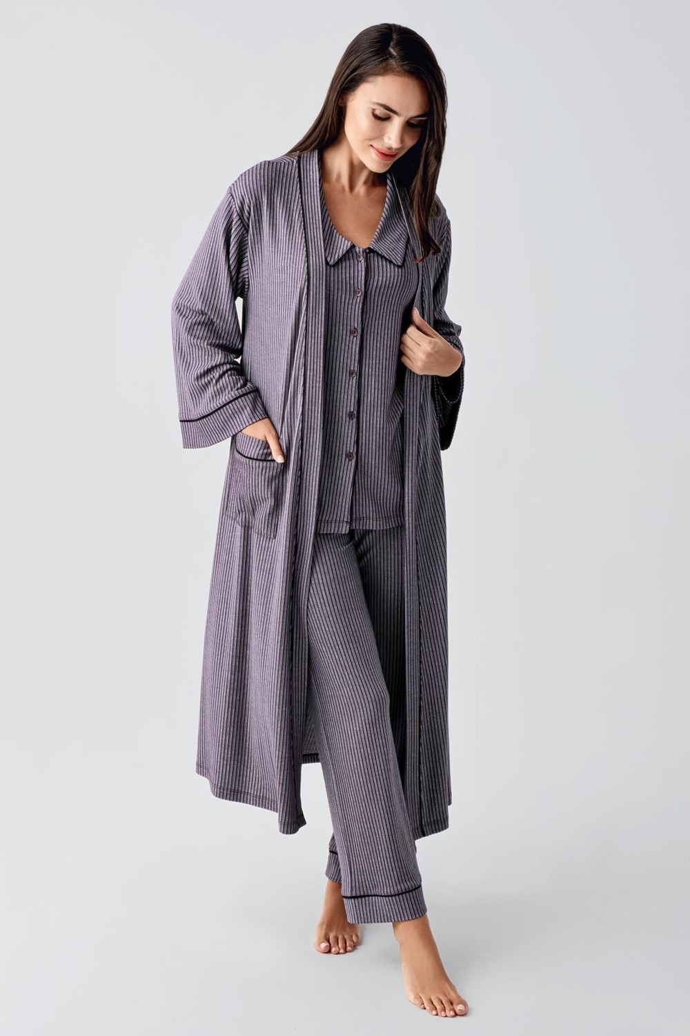 Artış Collection Bebe Yaka Düğmeli Uzun Kollu Hamile Sabahlık Pijama Takım 23111 görsel 2