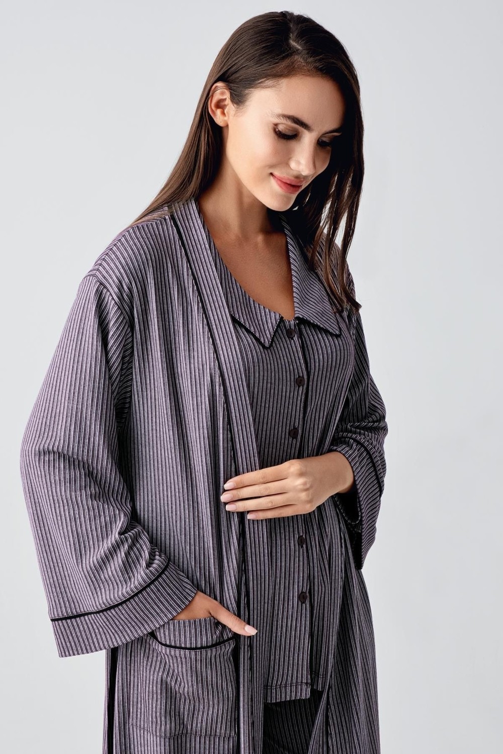 Artış Collection Bebe Yaka Düğmeli Uzun Kollu Hamile Sabahlık Pijama Takım 23111 görsel 5