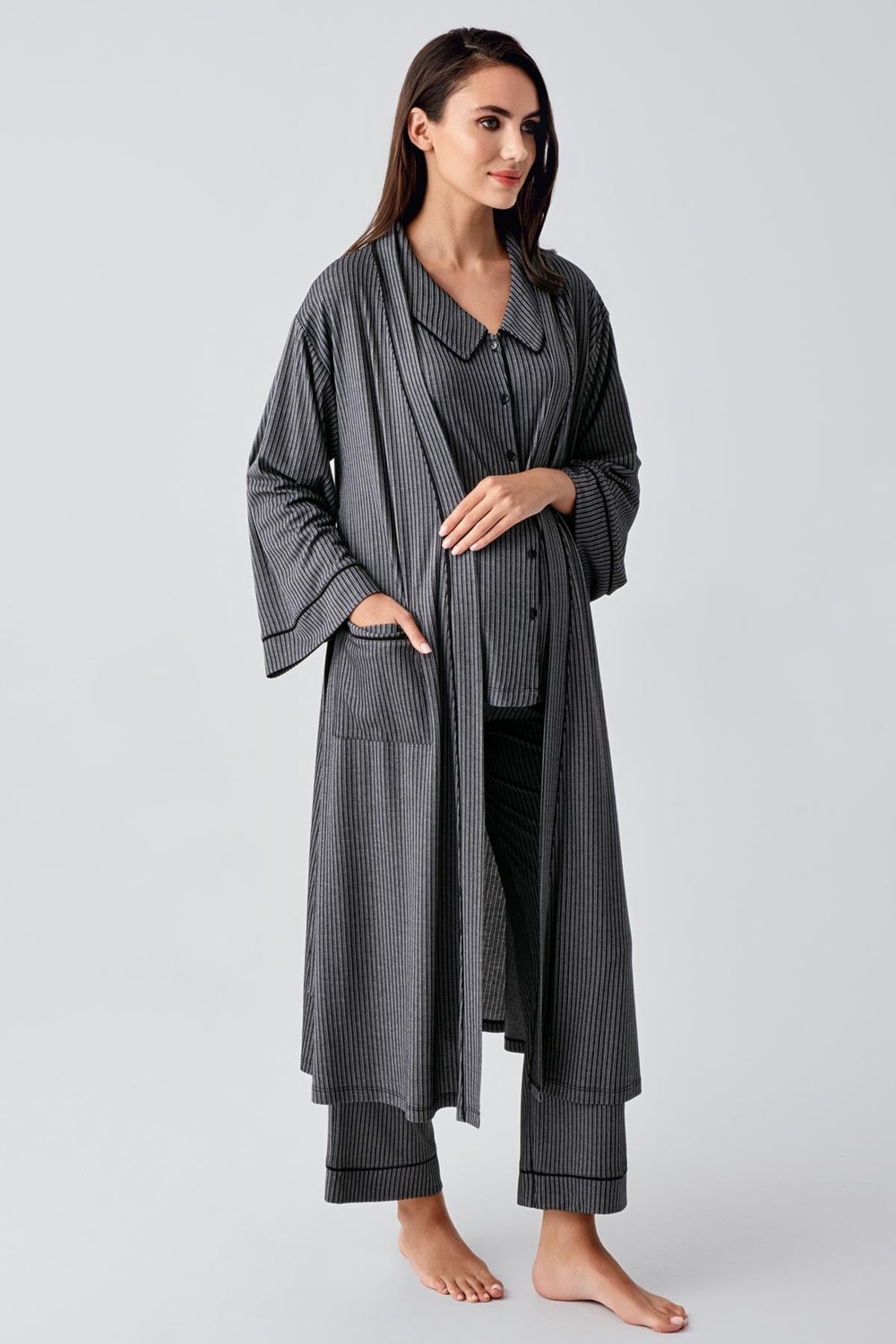 Artış Collection Bebe Yaka Düğmeli Uzun Kollu Hamile Sabahlık Pijama Takım 23111