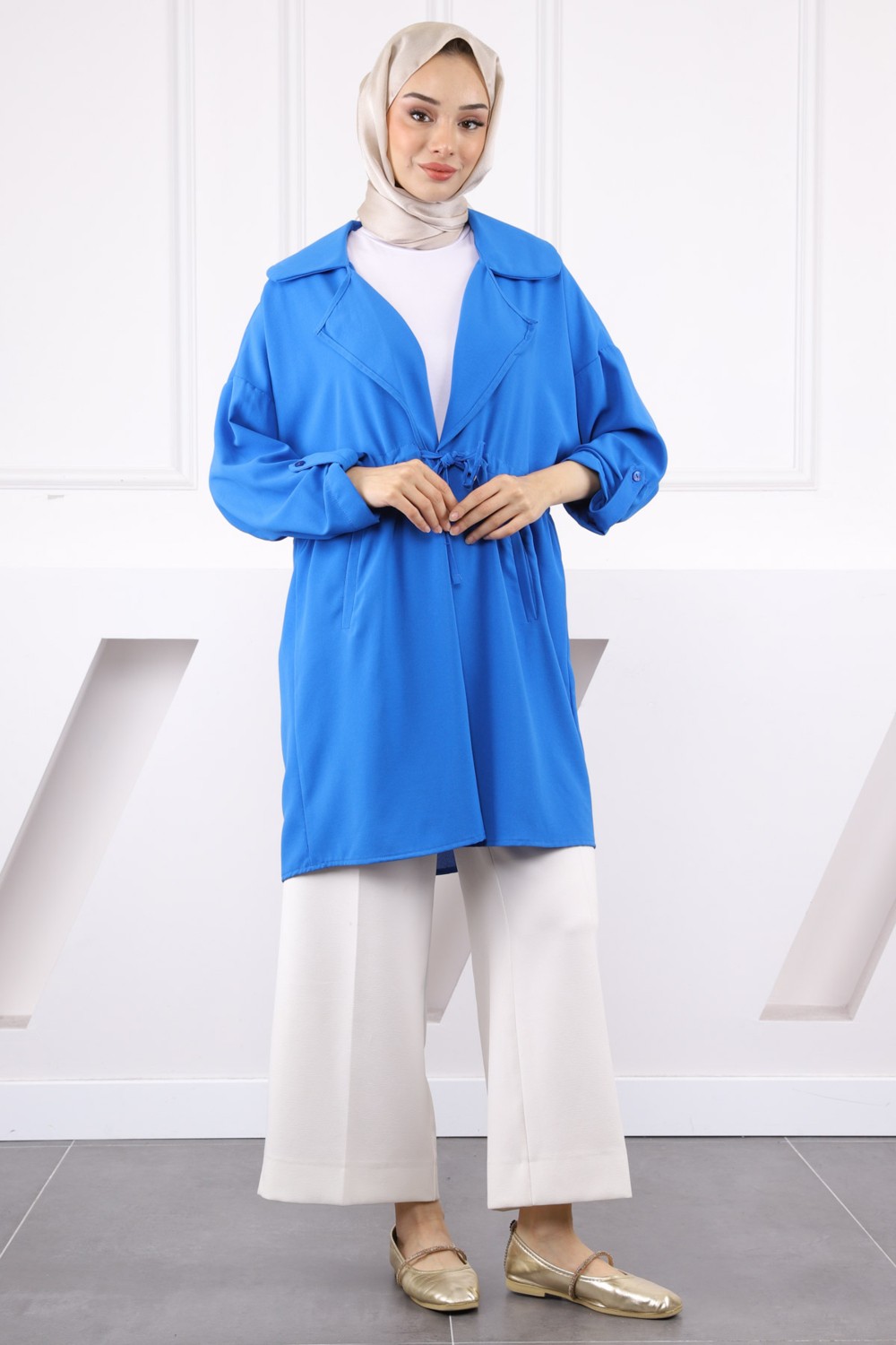 İmaj Butik Saks Mavi Kruvaze Yaka Büzgülü Ceket