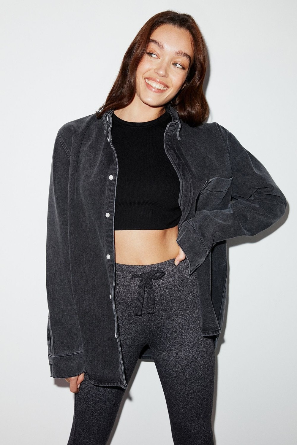 Grimelange Judy Kadın Slim Fit Beli Lastikli Bağlamalı Basic Siyah Tayt görsel 3