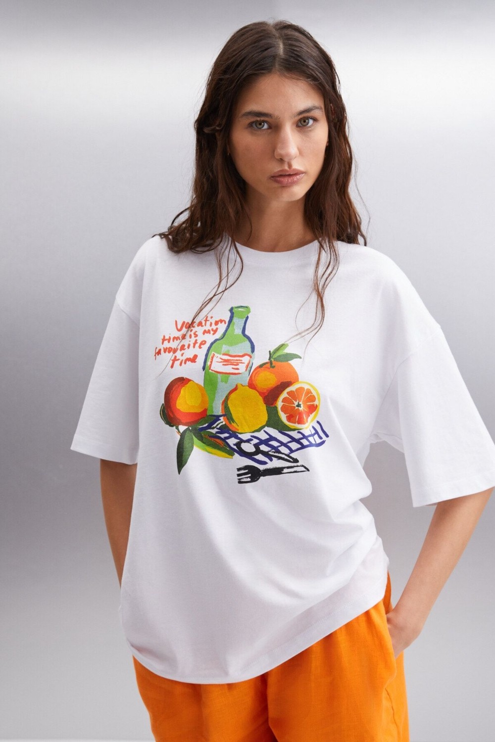 Grimelange NITZA Kadın %100 Pamuk Oversize Bisiklet Yaka Sarı T-Shirt görsel 7