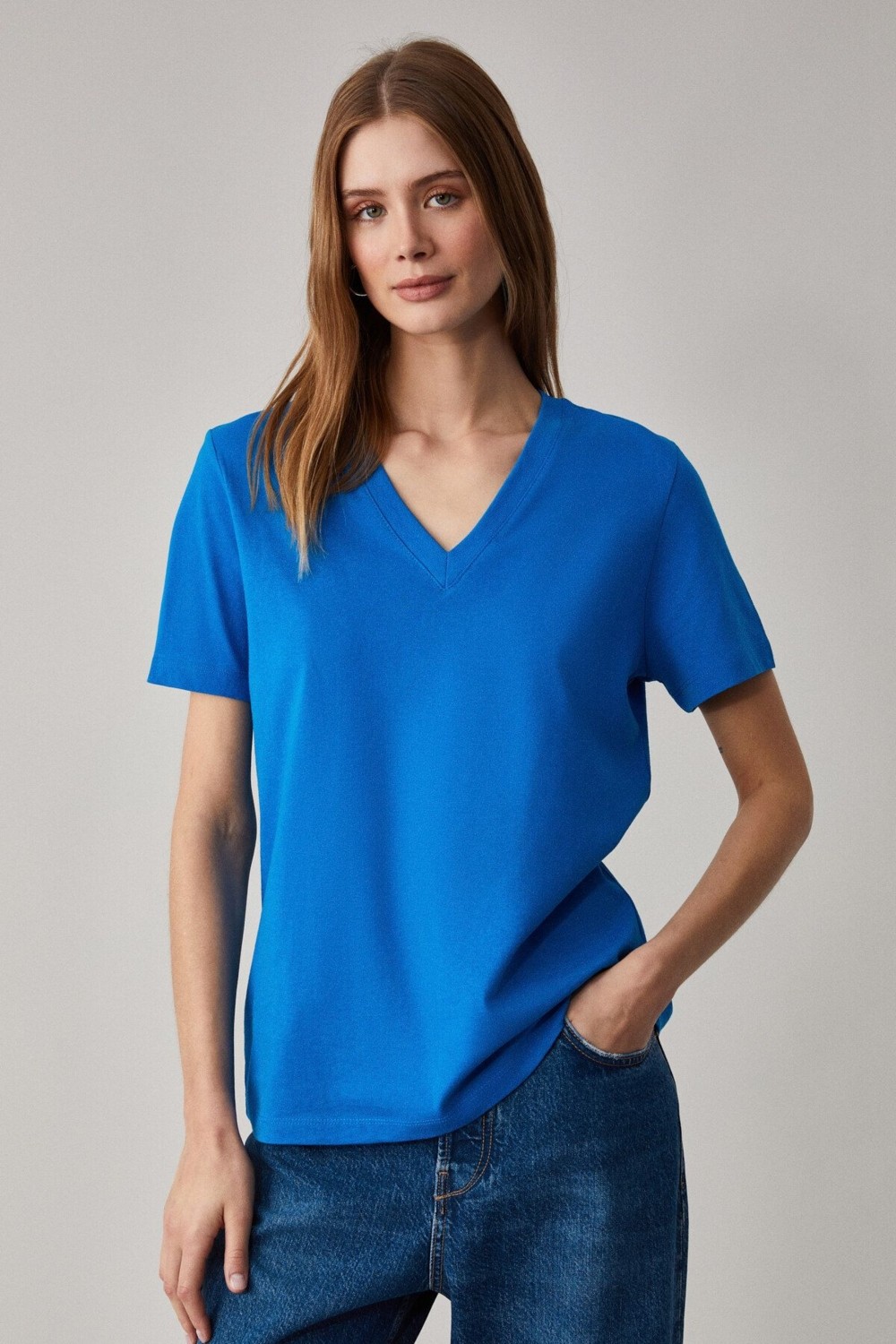 Grimelange Alıne Kadın %100 Organik Pamuk Derin V Yakalı Comfort Fit Siyah T-shirt