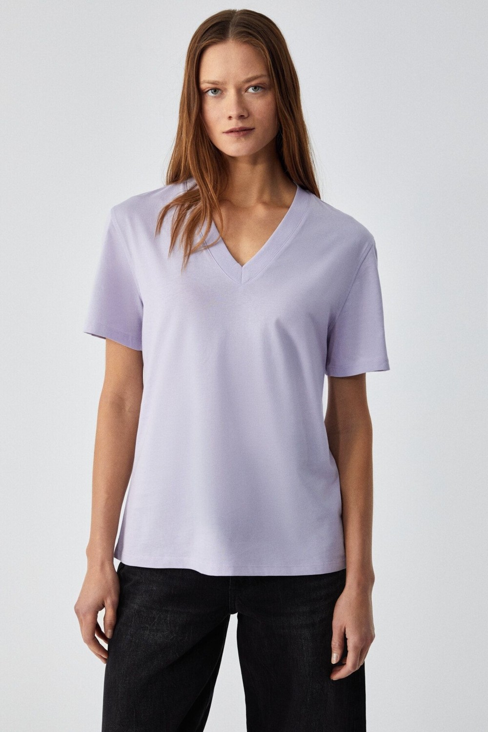 Grimelange Alıne Kadın %100 Organik Pamuk Derin V Yakalı Comfort Fit Siyah T-shirt