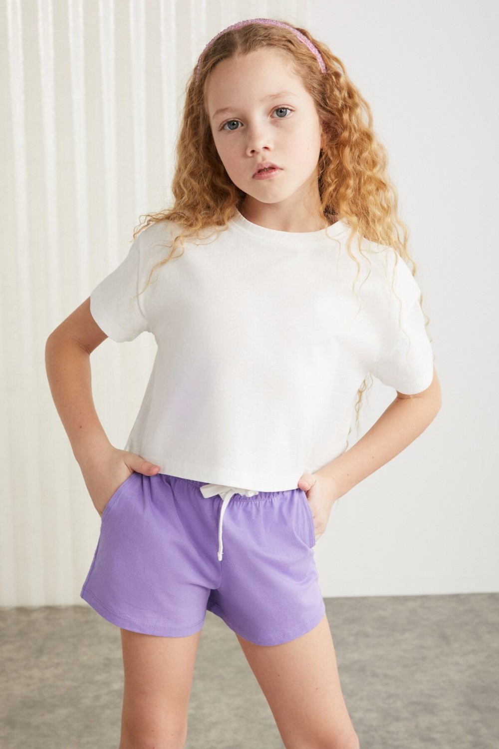 Grimelange SUZANNE-GRM24048 100% pamuk kız çocuk şort tshirt set Mavi Alt-Üst Takım görsel 7