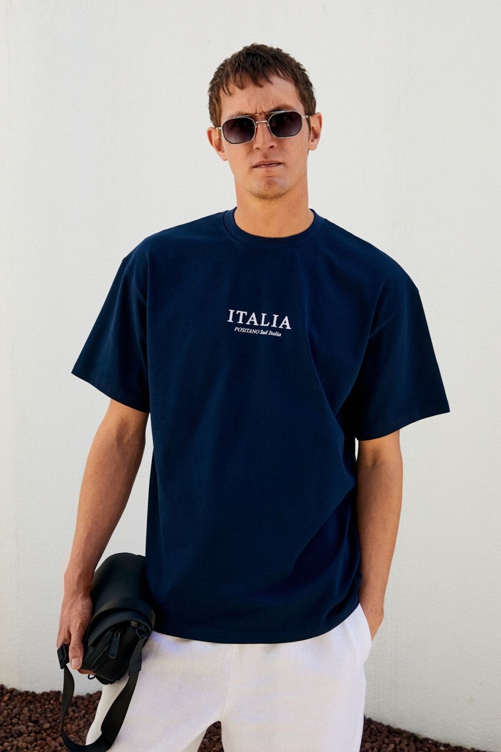 Grimelange ITALIA Erkek %100 Organik Pamuk Ön Arka Baskı Detaylı Oversize Kısa Kol Beyaz T-Shirt