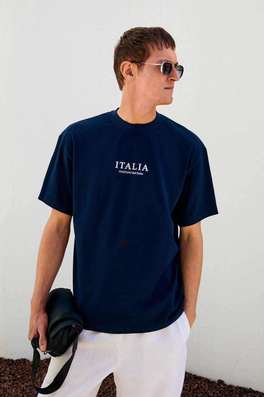 Grimelange ITALIA Erkek %100 Organik Pamuk Ön Arka Baskı Detaylı Oversize Kısa Kol Beyaz T-Shirt görsel 4