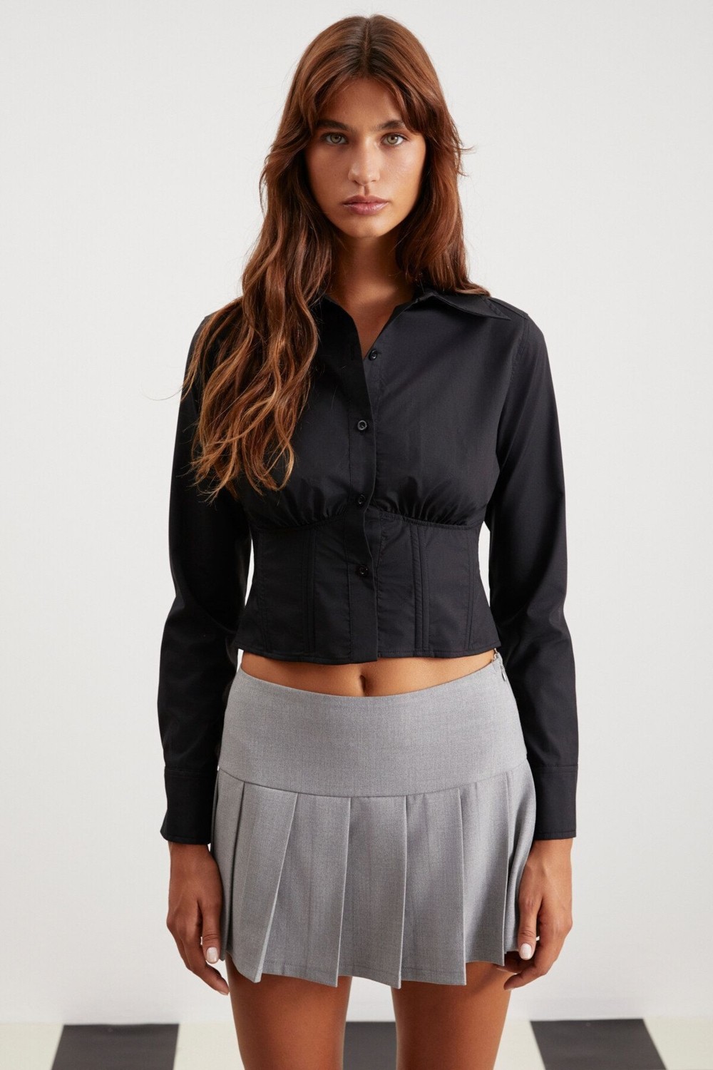 Grimelange Amethyst Kadın %100 Pamuk Slim Fit Poplin Crop Siyah Gömlek