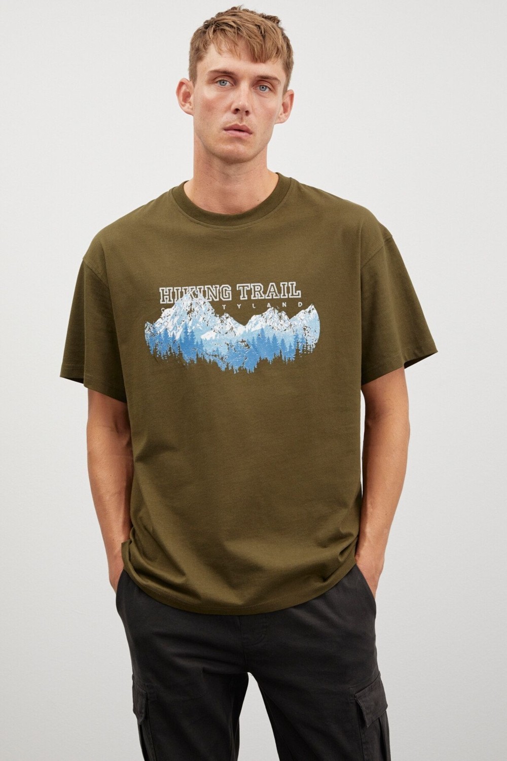 Grimelange Ademir Erkek Oversize Fit Önü Dağ Baskılı Bisiklet Yaka %100 Pamuklu Haki T-shirt