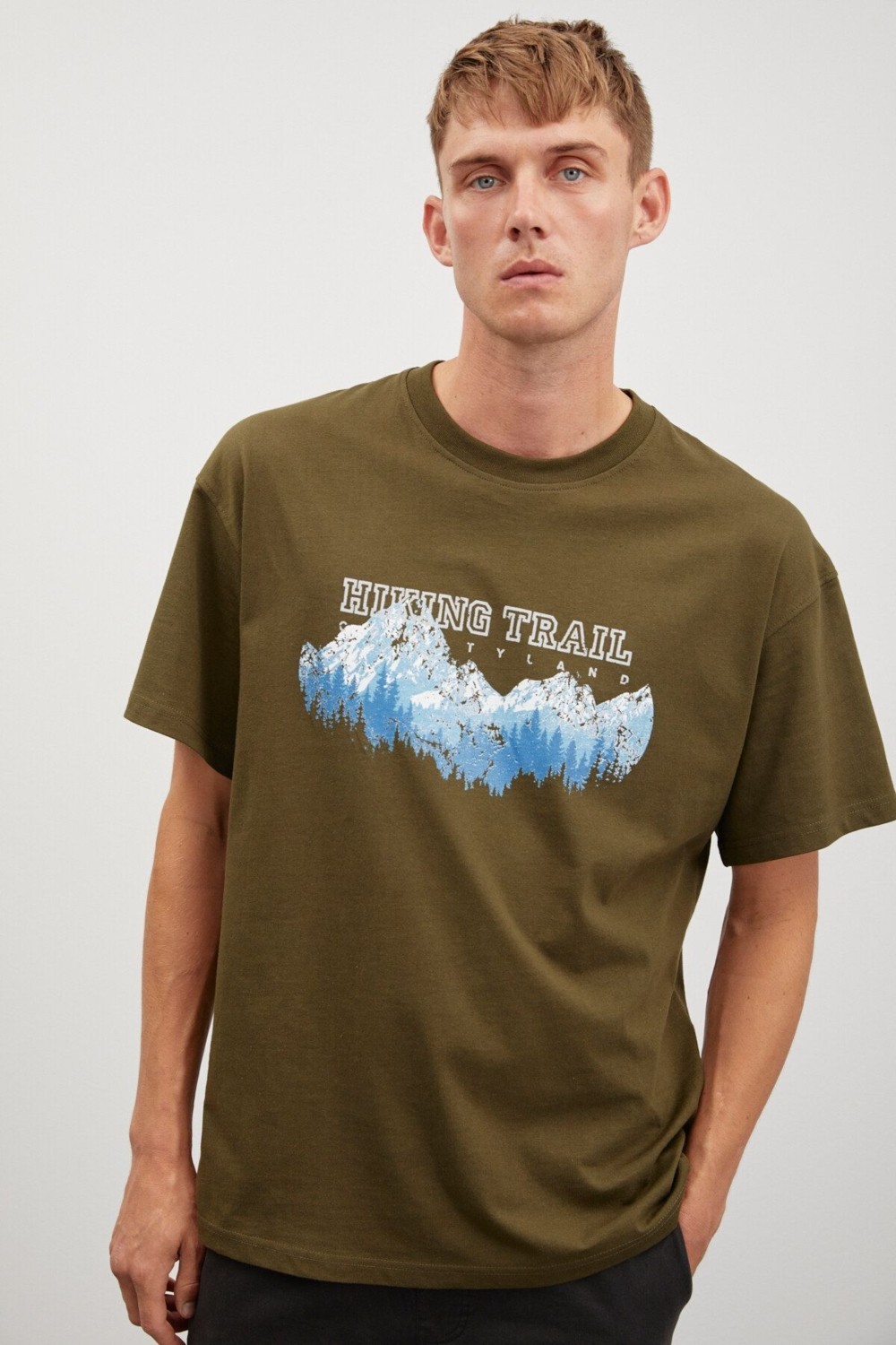Grimelange Ademir Erkek Oversize Fit Önü Dağ Baskılı Bisiklet Yaka %100 Pamuklu Haki T-shirt görsel 3