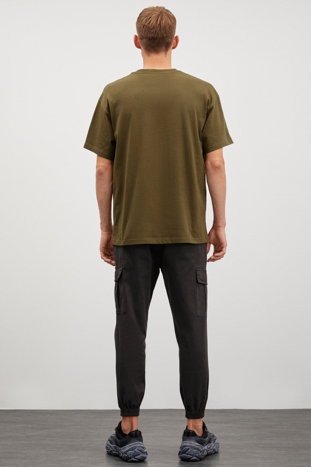 Grimelange Ademir Erkek Oversize Fit Önü Dağ Baskılı Bisiklet Yaka %100 Pamuklu Haki T-shirt görsel 5