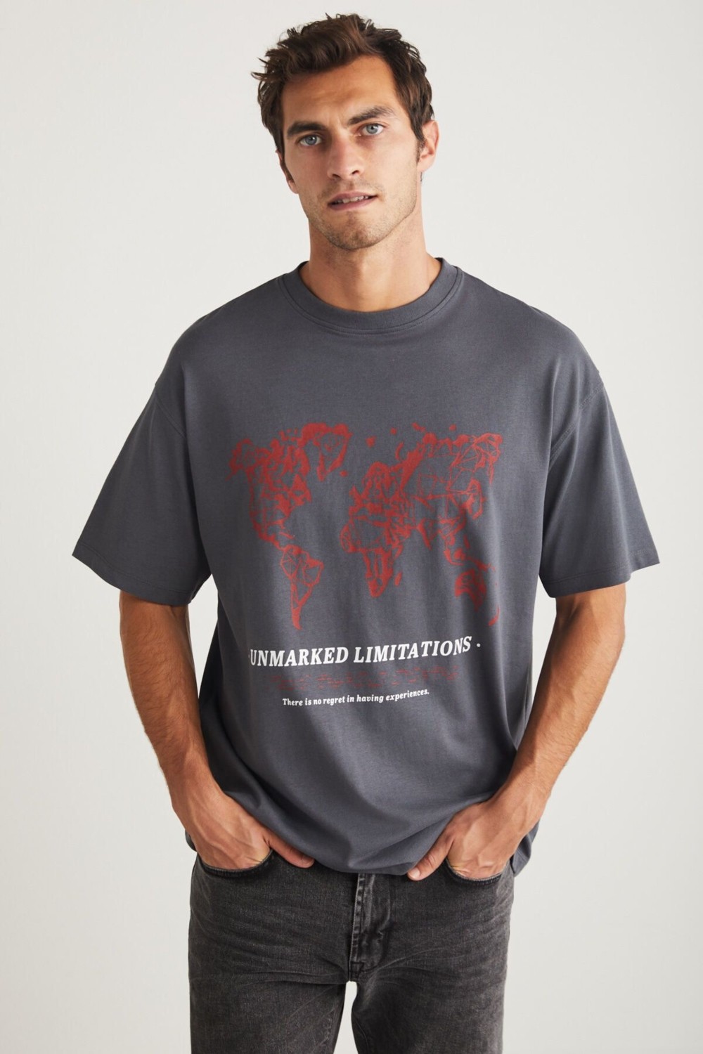Grimelange Leaf Erkek Bisiklet Yaka %100 Pamuk Baskılı Gri T-shirt