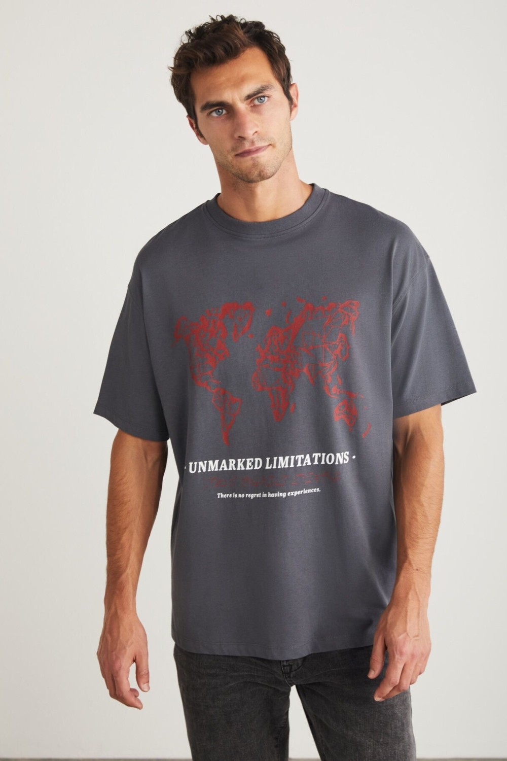 Grimelange Leaf Erkek Bisiklet Yaka %100 Pamuk Baskılı Gri T-shirt görsel 3