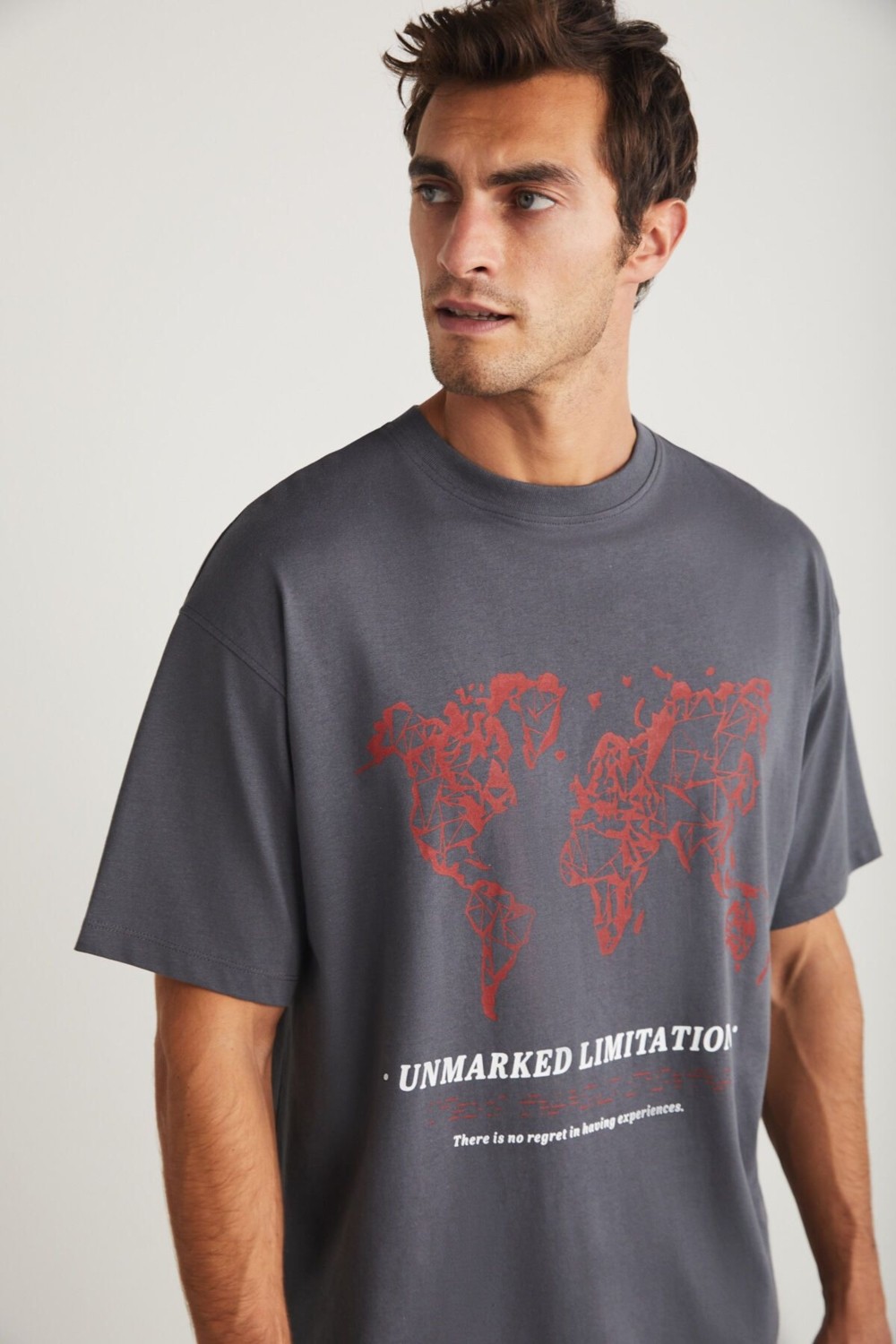 Grimelange Leaf Erkek Bisiklet Yaka %100 Pamuk Baskılı Gri T-shirt görsel 4