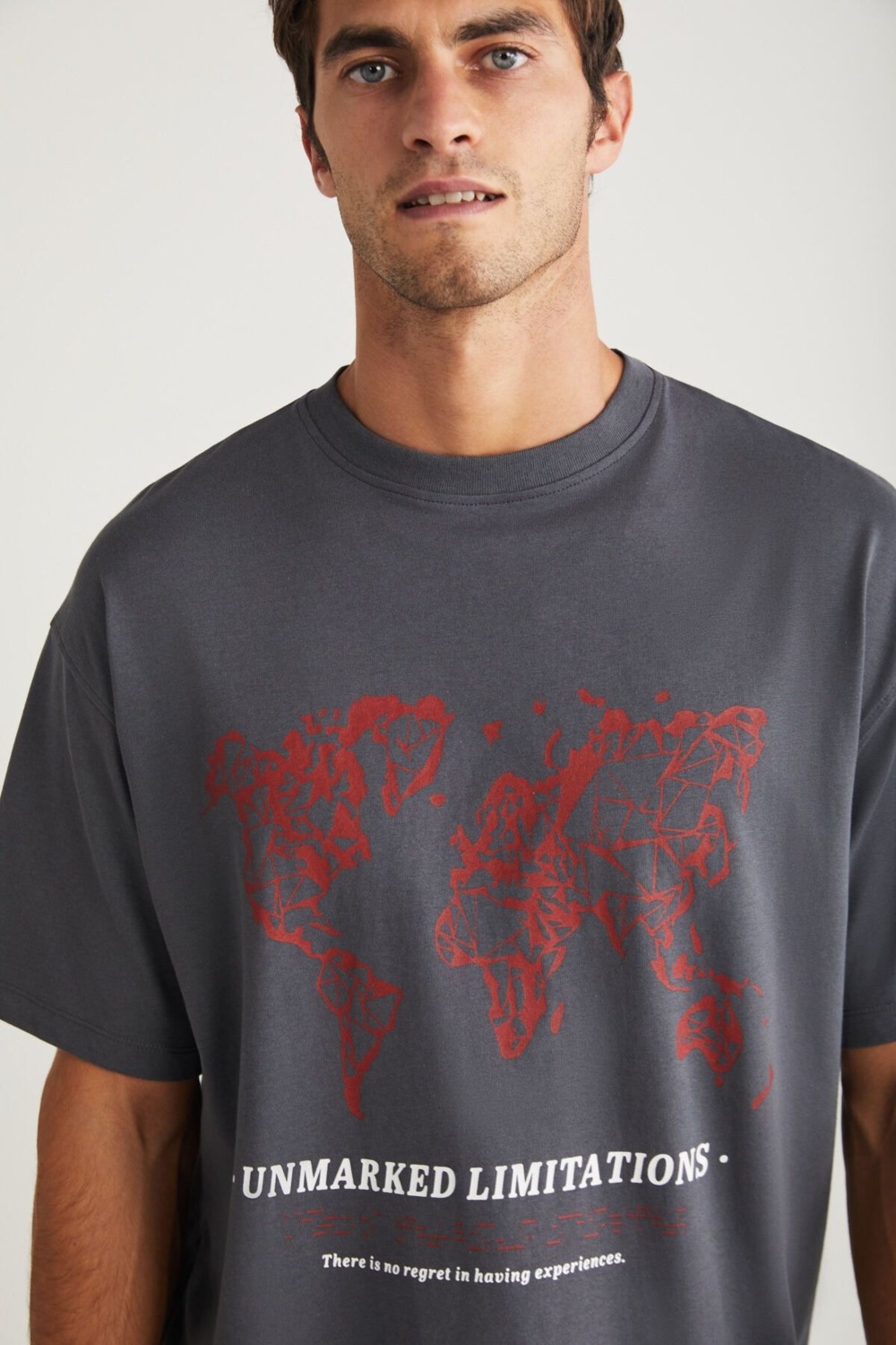 Grimelange Leaf Erkek Bisiklet Yaka %100 Pamuk Baskılı Gri T-shirt görsel 5