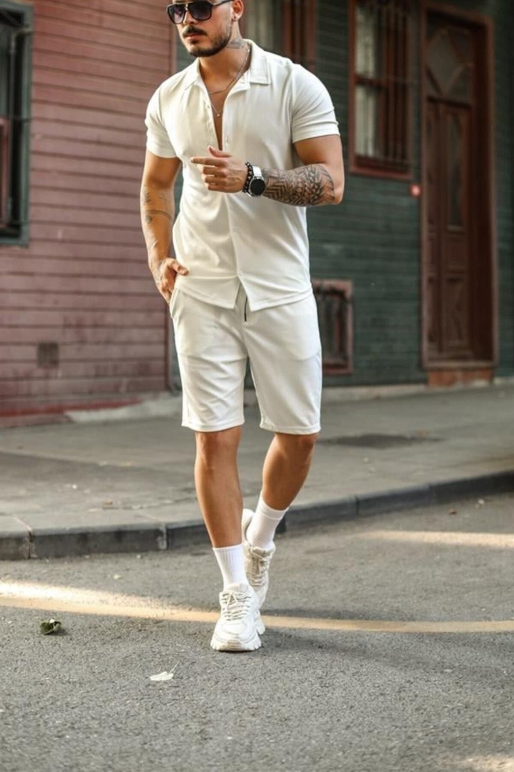 Tarz Cool Erkek Beyaz Slim Fit Alt Üst Şort TAKIM-GMLKSRT01R01S