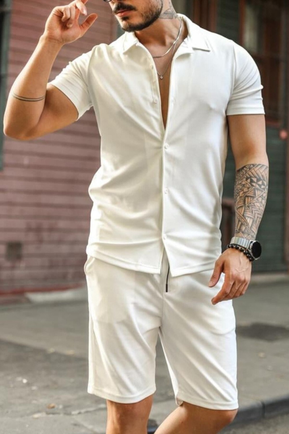 Tarz Cool Erkek Beyaz Slim Fit Alt Üst Şort TAKIM-GMLKSRT01R01S görsel 4