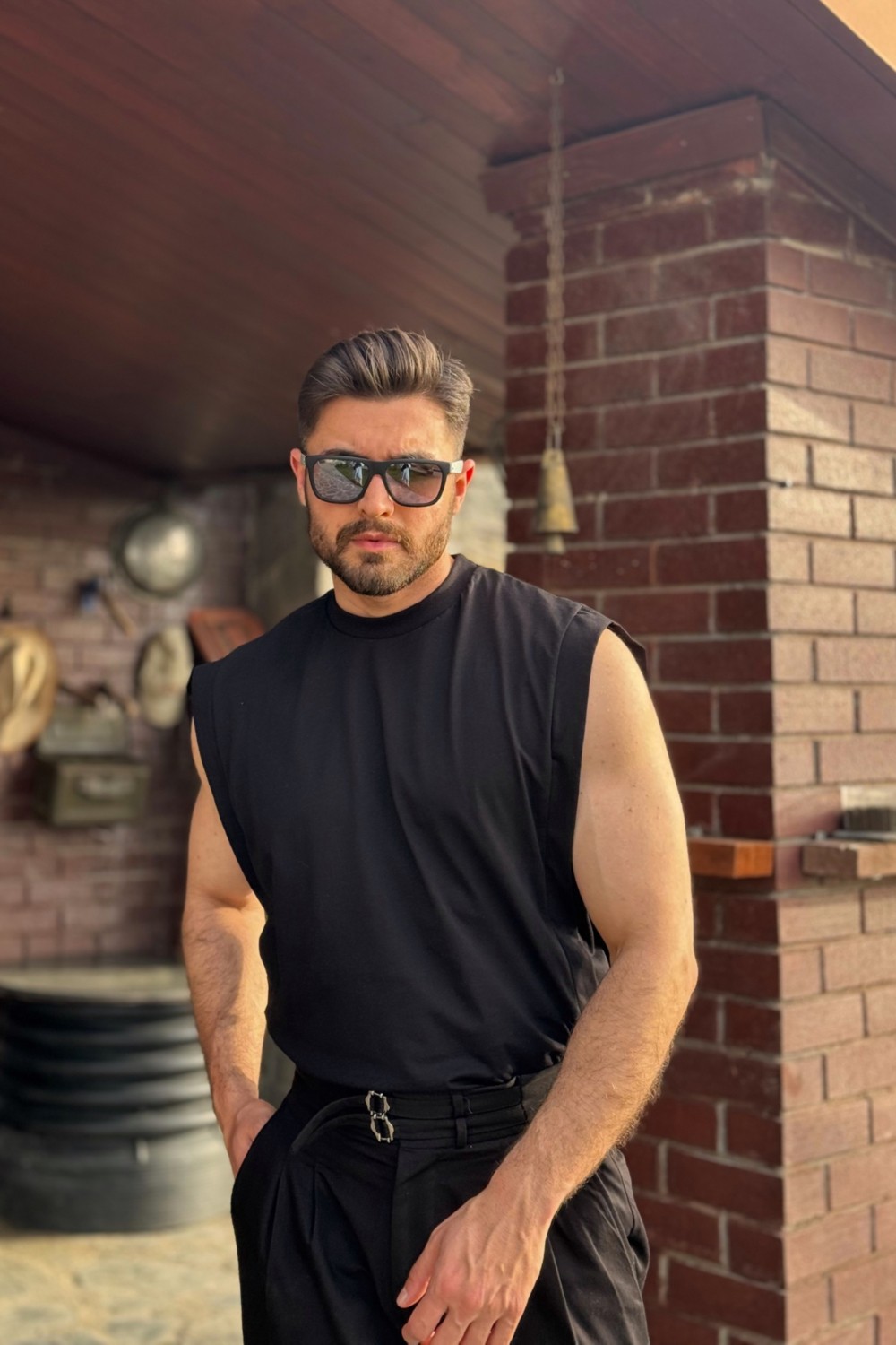 Guaraz Erkek Siyah Basketci Sıfır Kol Bisiklet Yaka Oversıze Kolsuz Kejıl T-Shirt