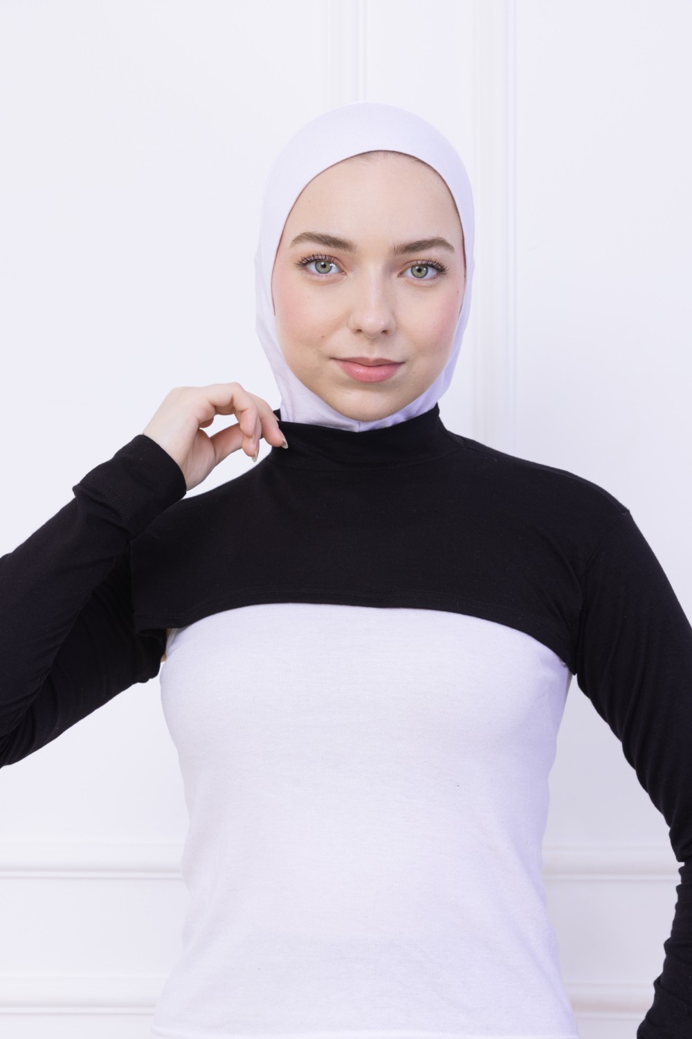 Loggia Balıkçı Yaka Boyunluklu Kolluk Siyah - Likralı Dik Yakalı Kadın Body Tesettür Crop Bolero