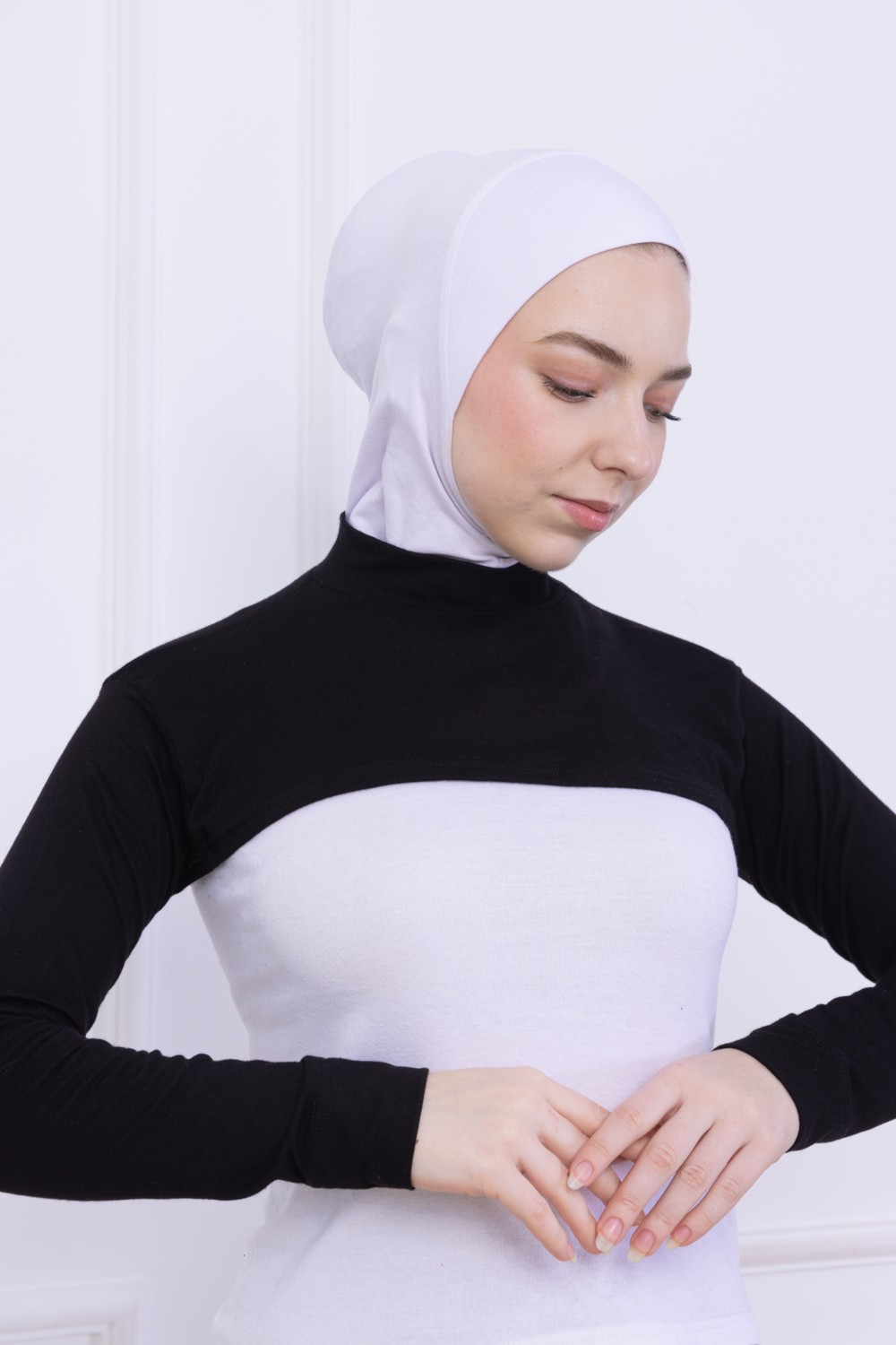 Loggia Balıkçı Yaka Boyunluklu Kolluk Siyah - Likralı Dik Yakalı Kadın Body Tesettür Crop Bolero görsel 2