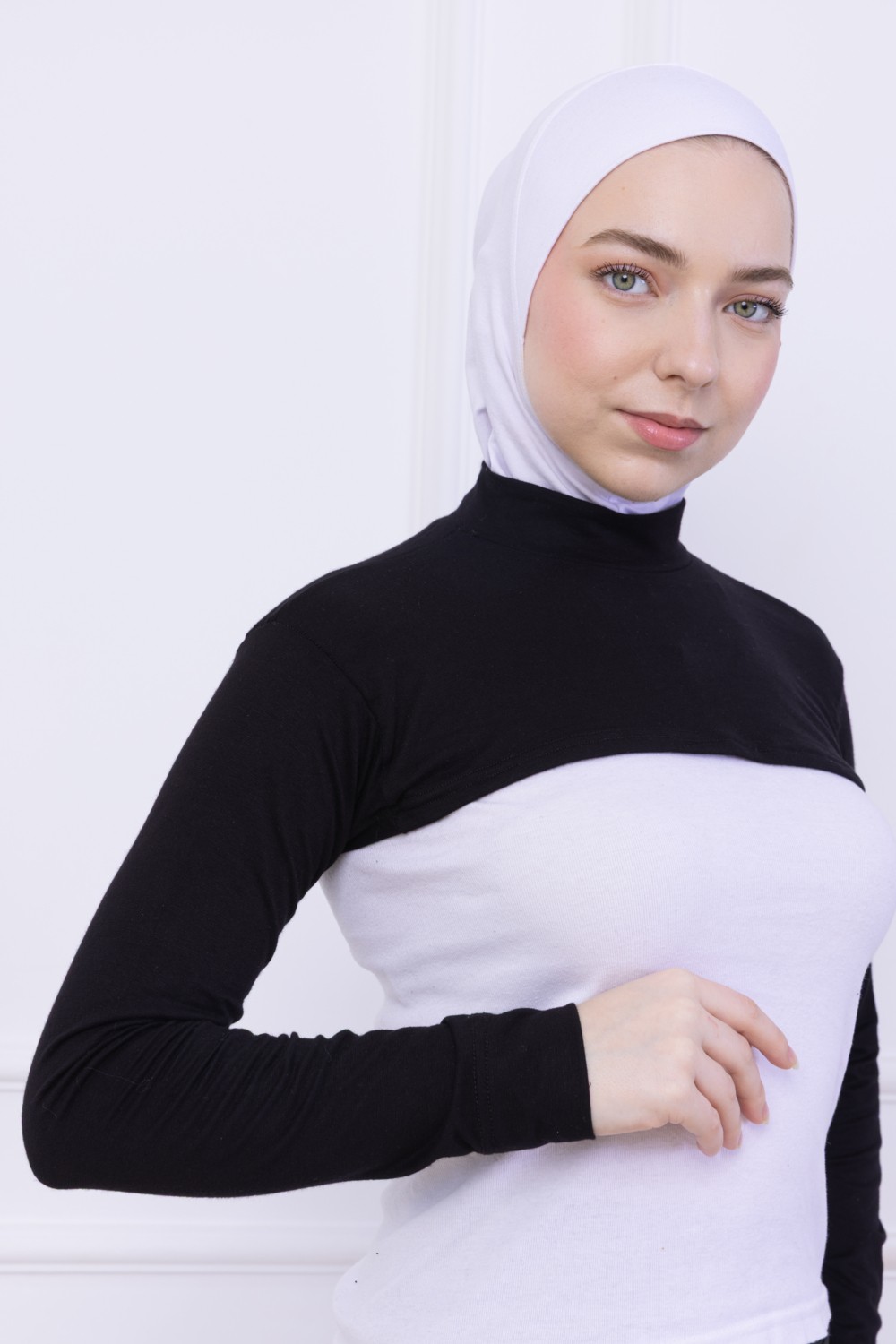 Loggia Balıkçı Yaka Boyunluklu Kolluk Siyah - Likralı Dik Yakalı Kadın Body Tesettür Crop Bolero görsel 3