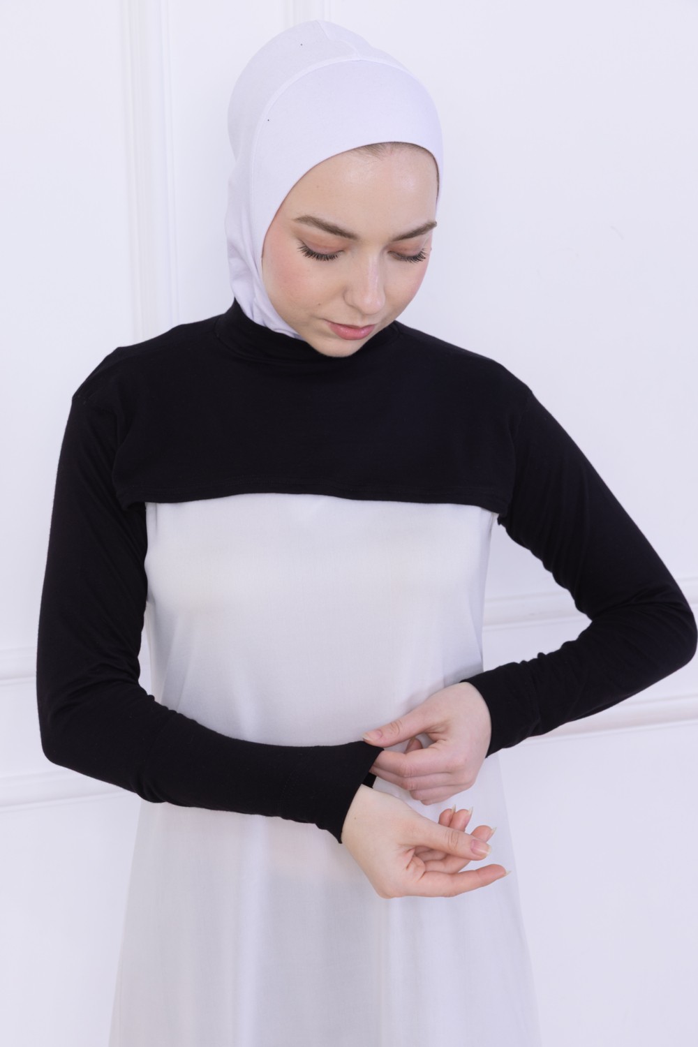 Loggia Balıkçı Yaka Boyunluklu Kolluk Siyah - Likralı Dik Yakalı Kadın Body Tesettür Crop Bolero görsel 4